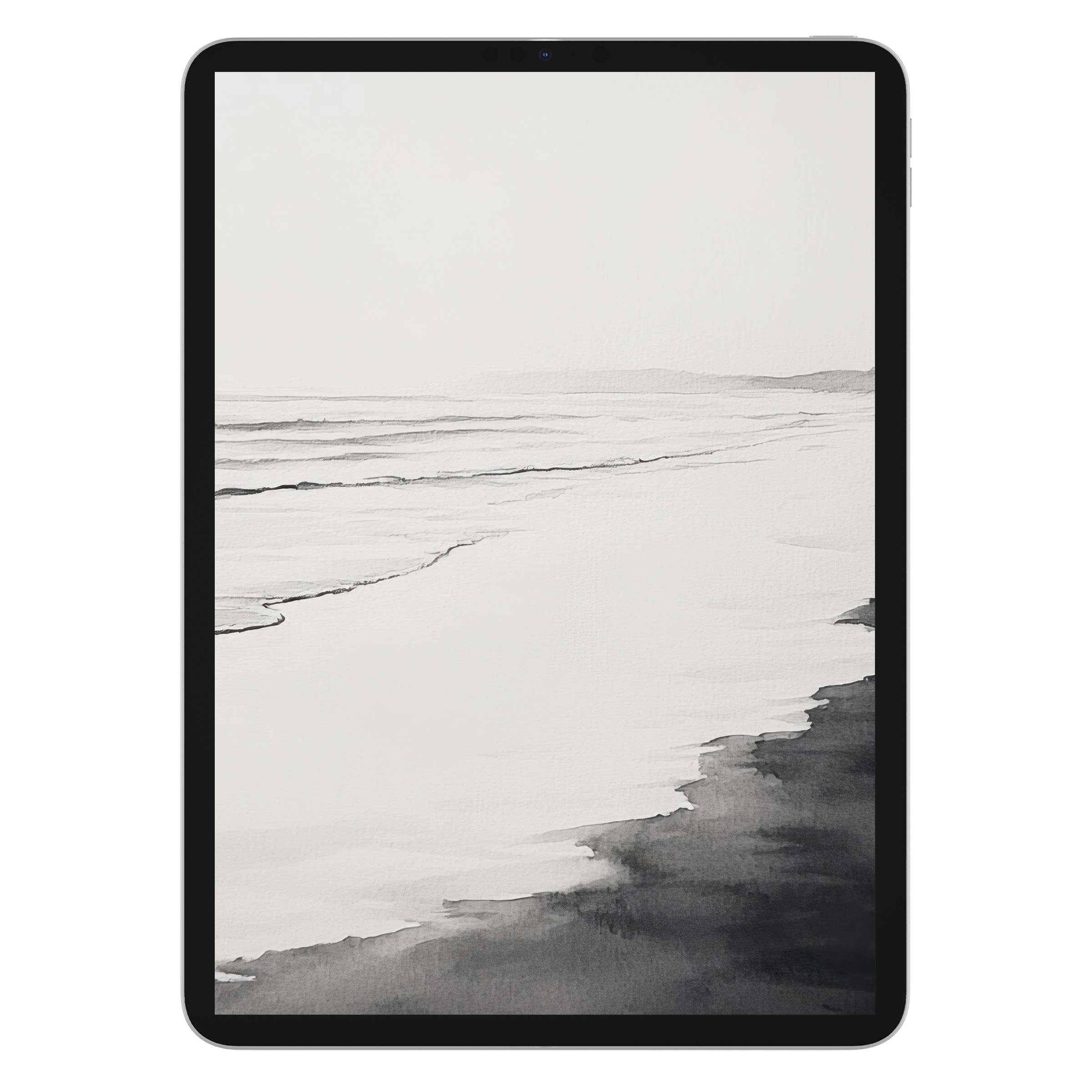 Elegant black and white iPad wallpaper with serene seascape, perfect digital download for a calming tablet background design