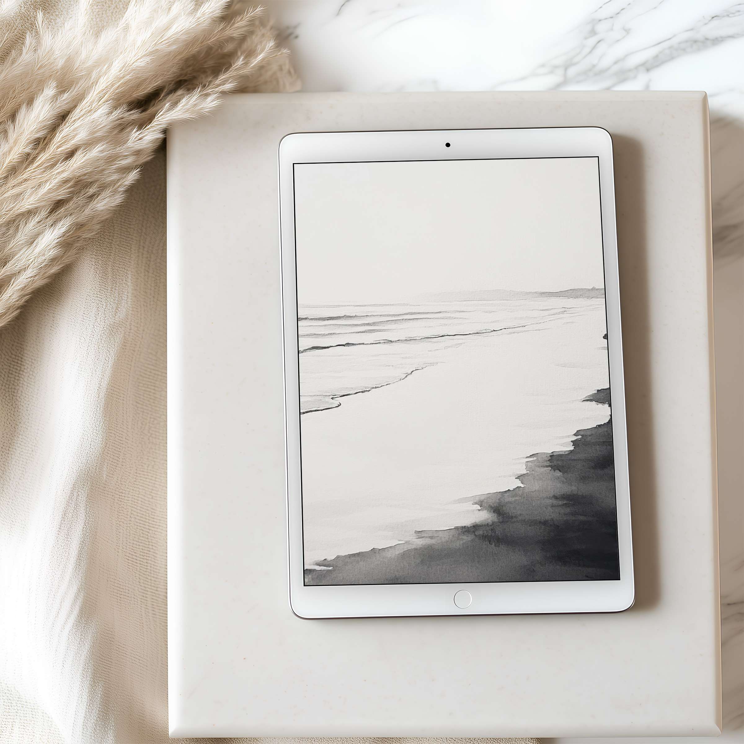 Elegant black and white seascape tablet wallpaper for iPad offers a serene, high resolution digital download, enhancing tranquility and style