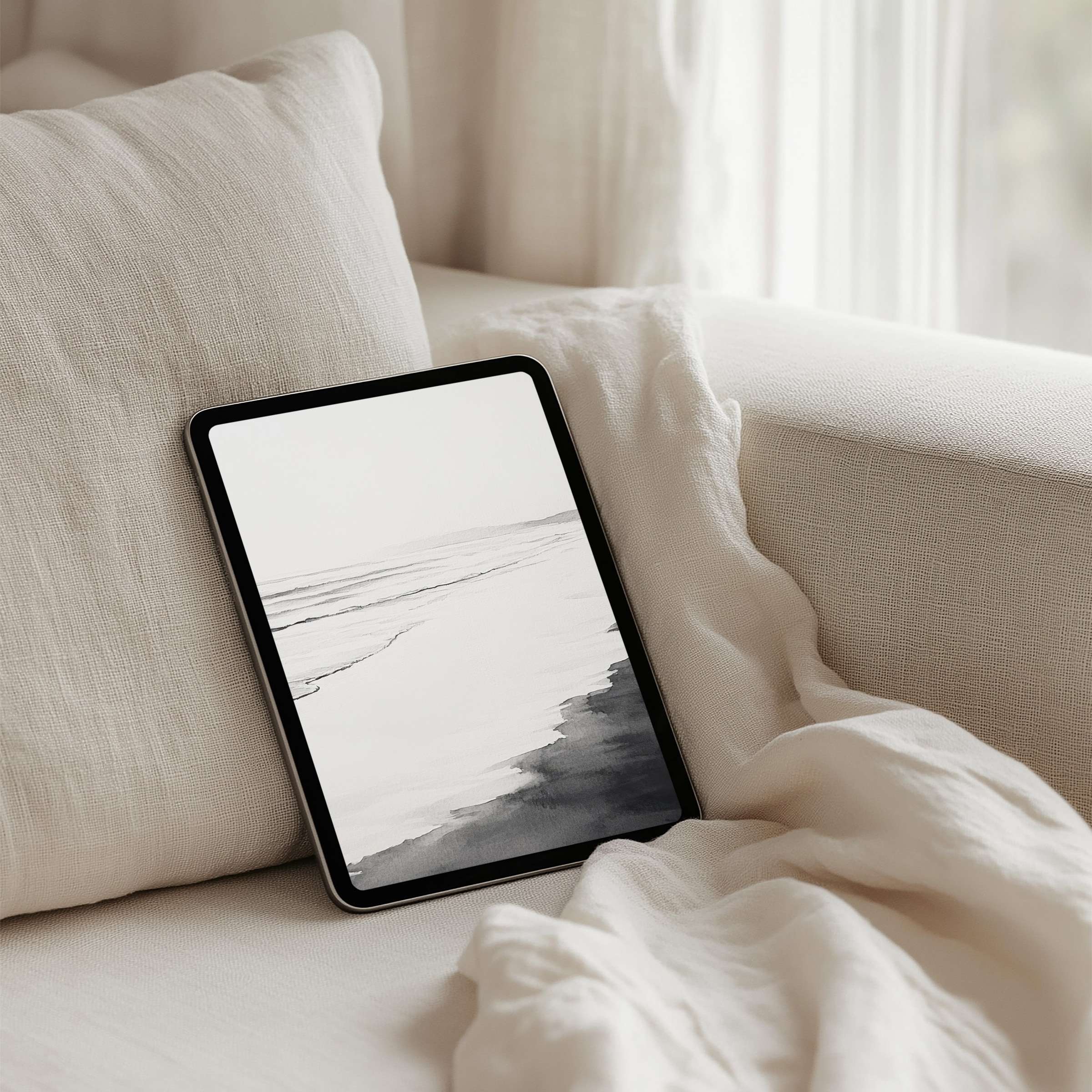 Elegant monochrome ocean design iPad background for instant download enhances tablet aesthetics with calm and mindful inspiration