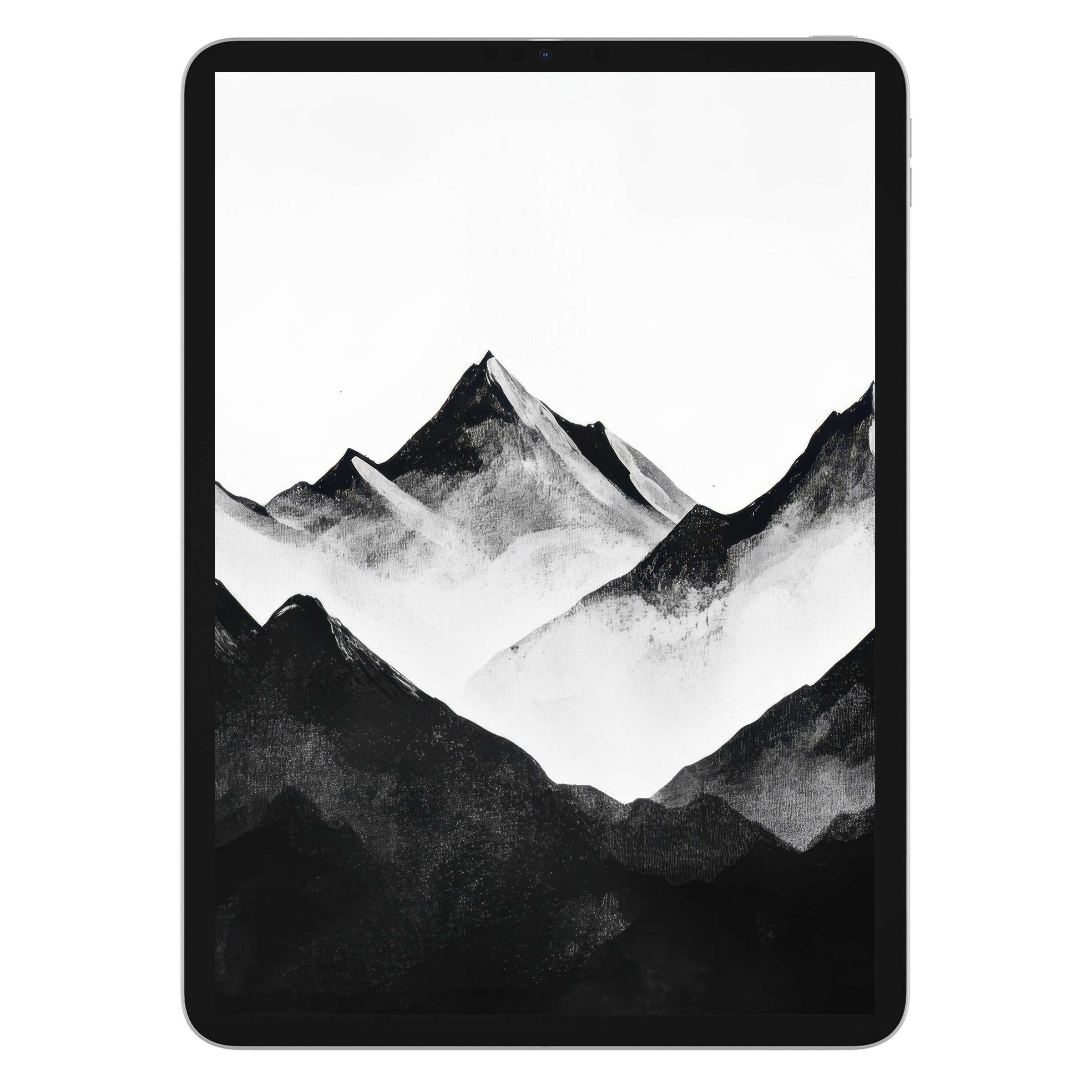 Black and white iPad wallpaper with serene mountain peaks, offering a calming digital download for tablet background elegance and style