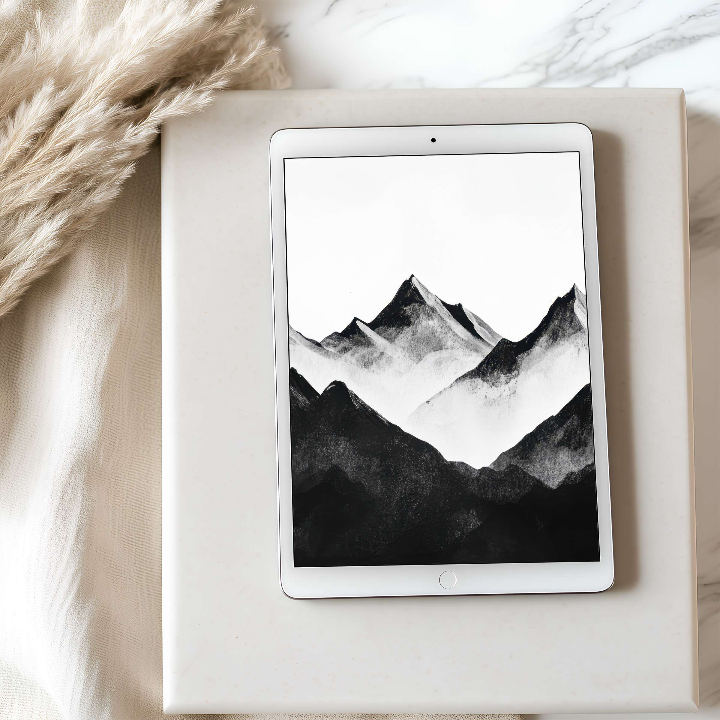 Elegant black and white mountain illustration as a tablet wallpaper, perfect for iPad in high resolution, offers serene digital download