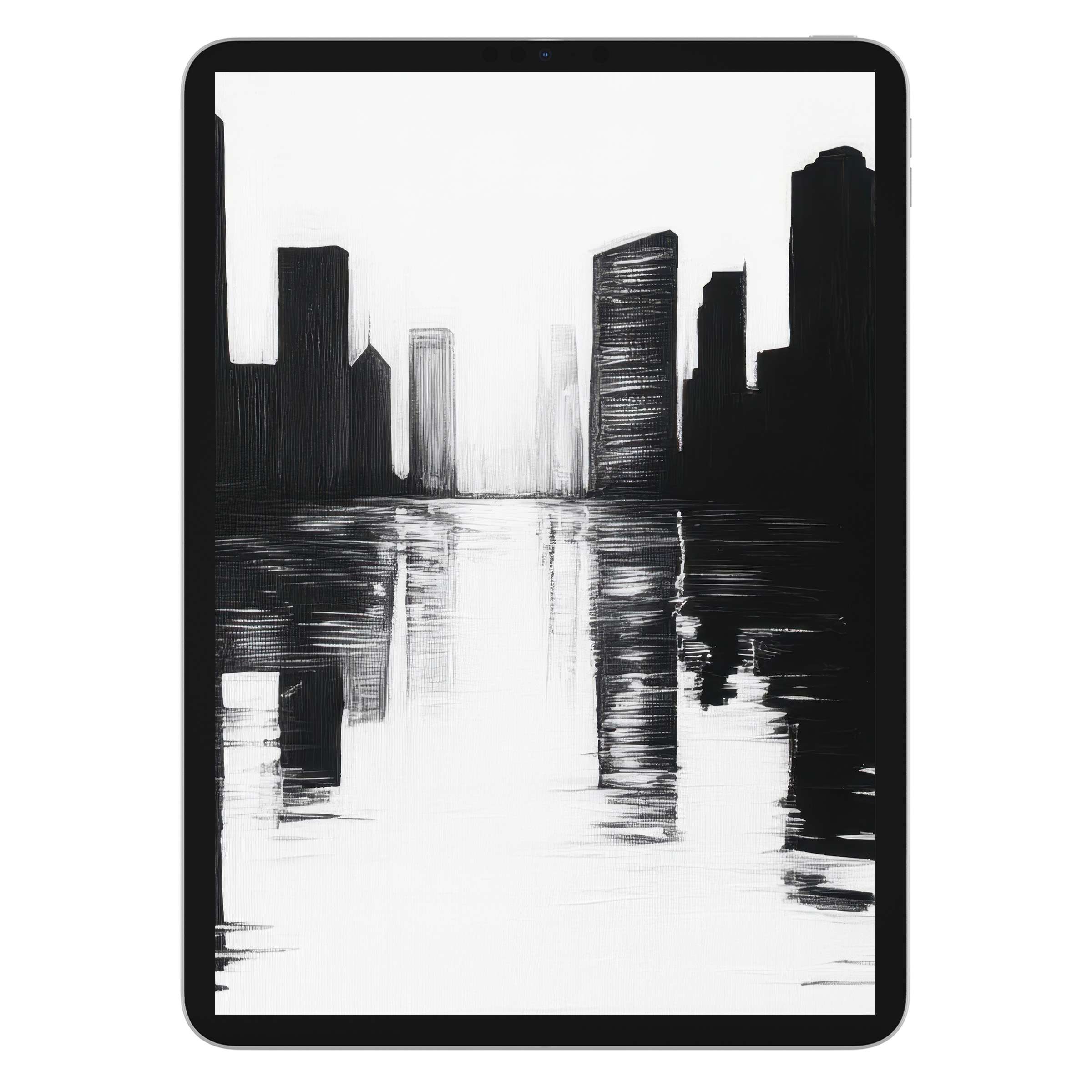 Elegant black and white iPad wallpaper featuring a serene city skyline reflection digital download ideal for tablets and background lovers