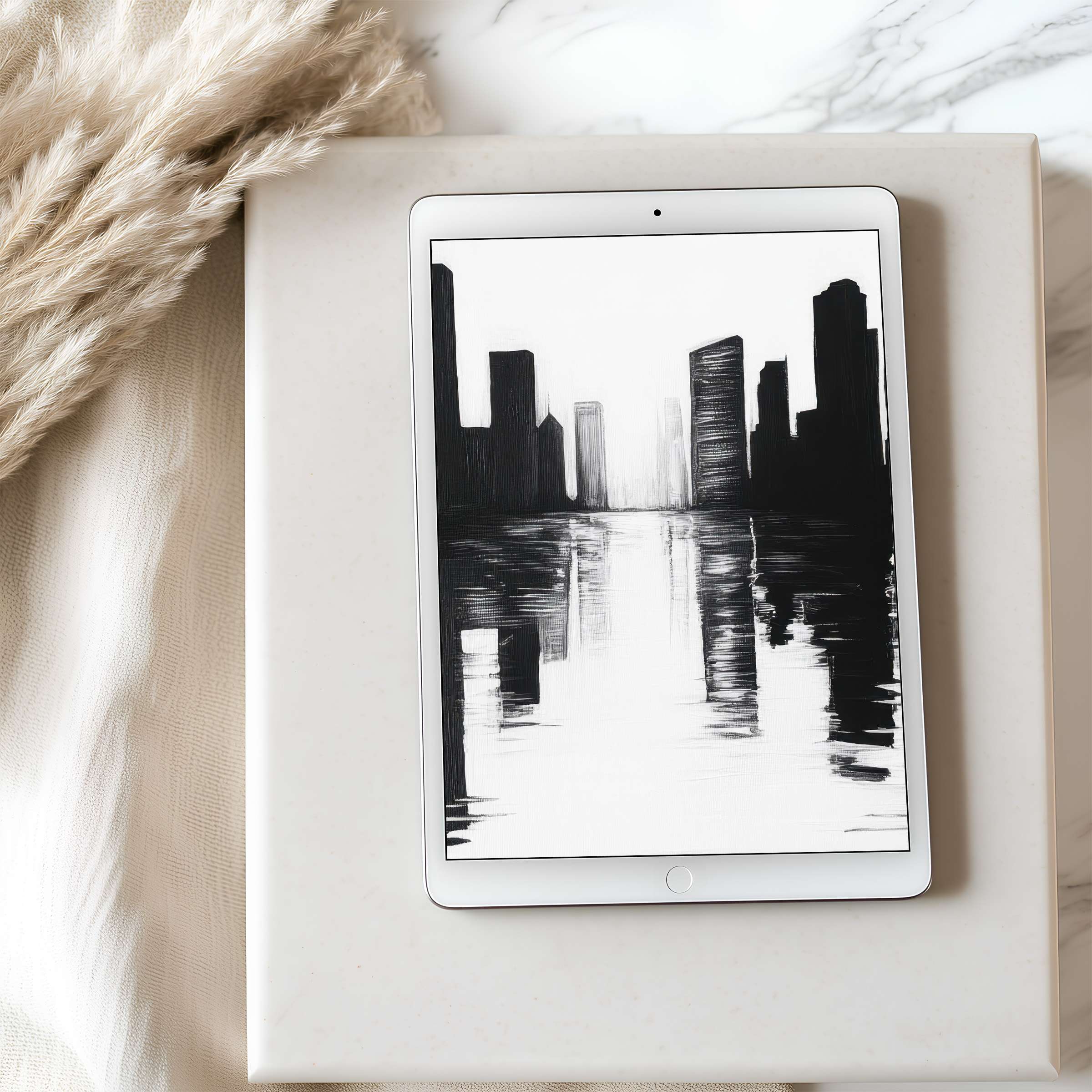 Urban skyline in black and white tablet wallpaper evokes tranquility, perfect for iPad tablets, offering high resolution digital download