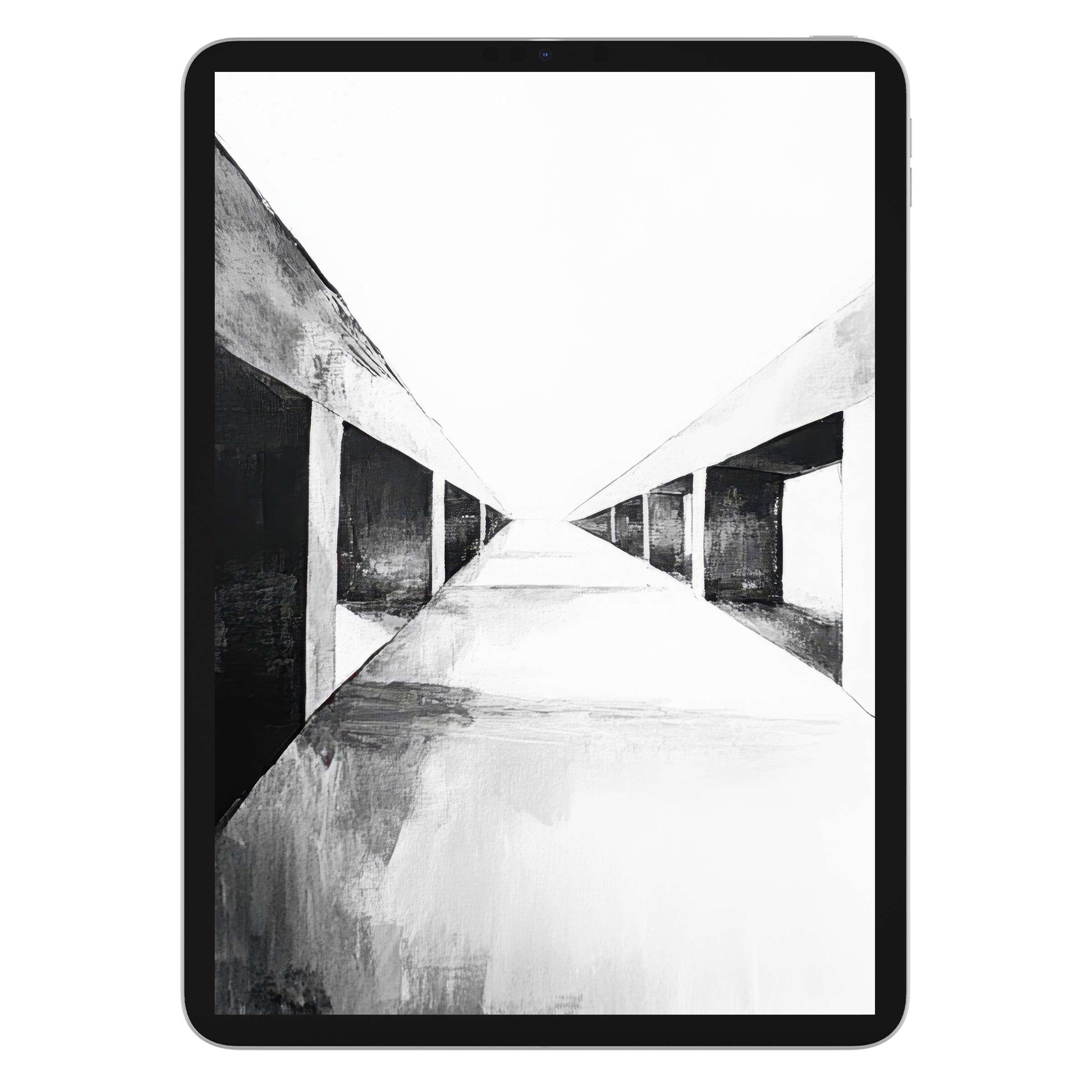 Elegant black and white iPad wallpaper showcasing a minimalist corridor, perfect digital download for any tablet background, adding serenity