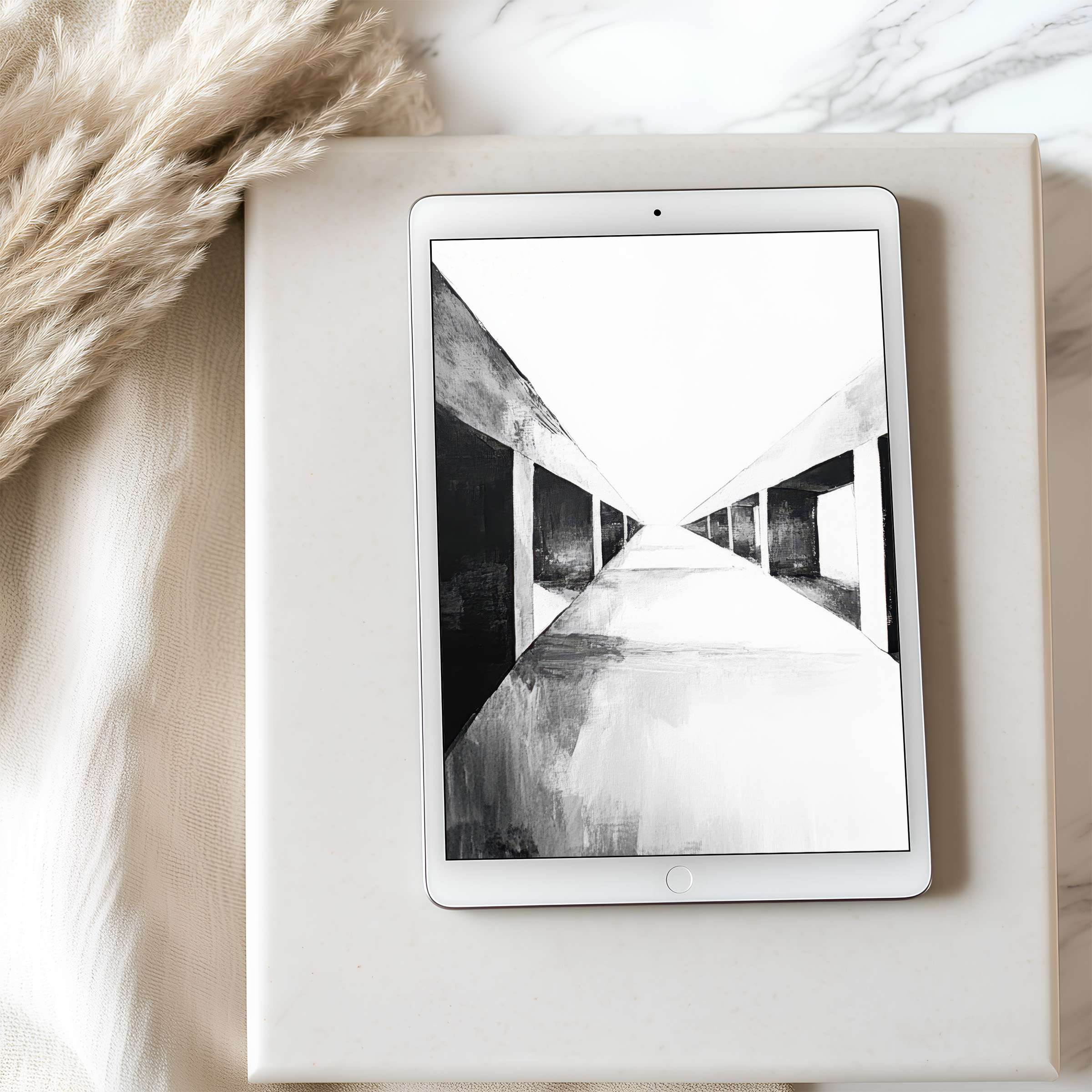Abstract tablet wallpaper in monochrome tones, perfect for iPad high resolution, enhancing elegance and tranquility through digital download