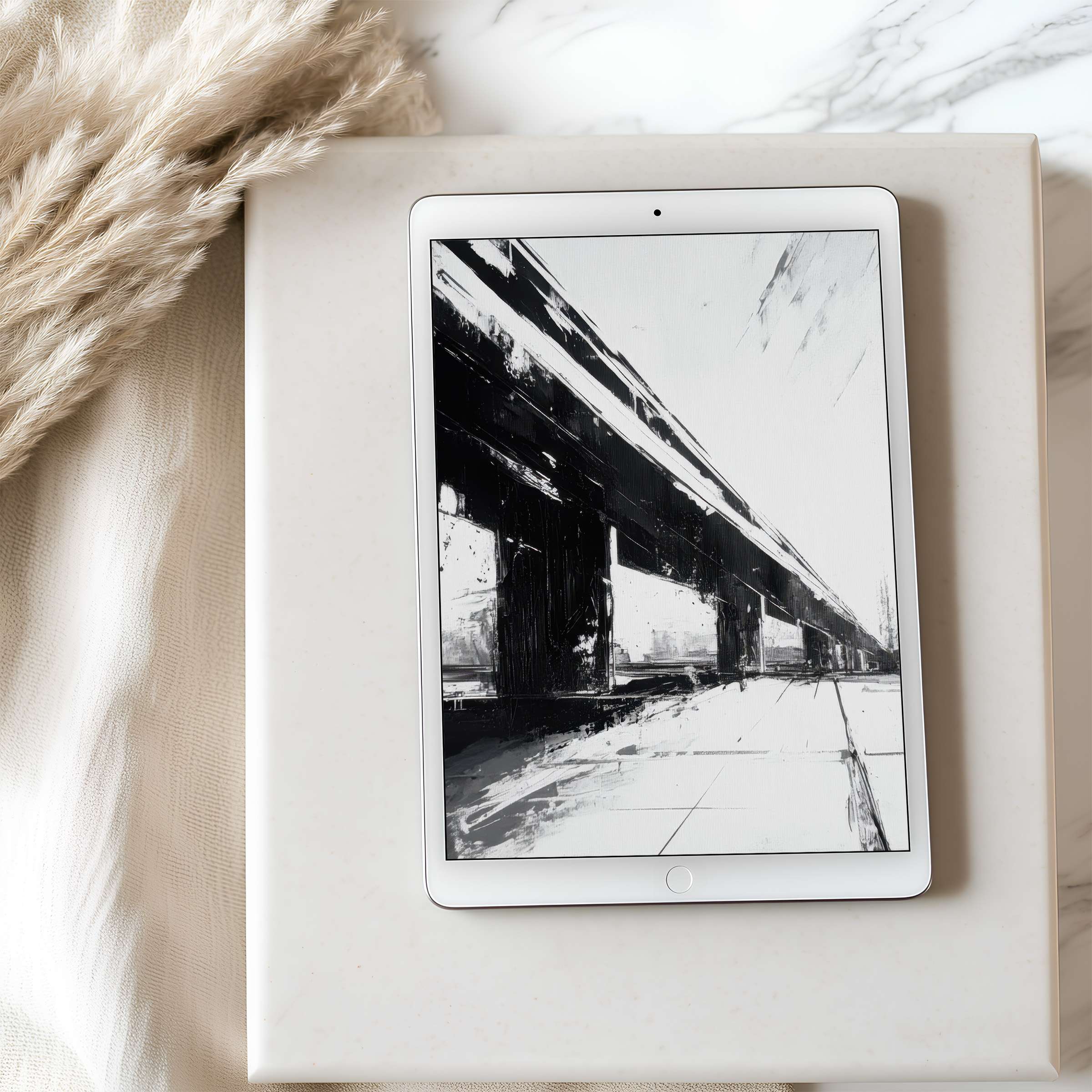 Minimalist black and white abstract landscape as tablet wallpaper on iPad enhances tranquility in your curated, modern space