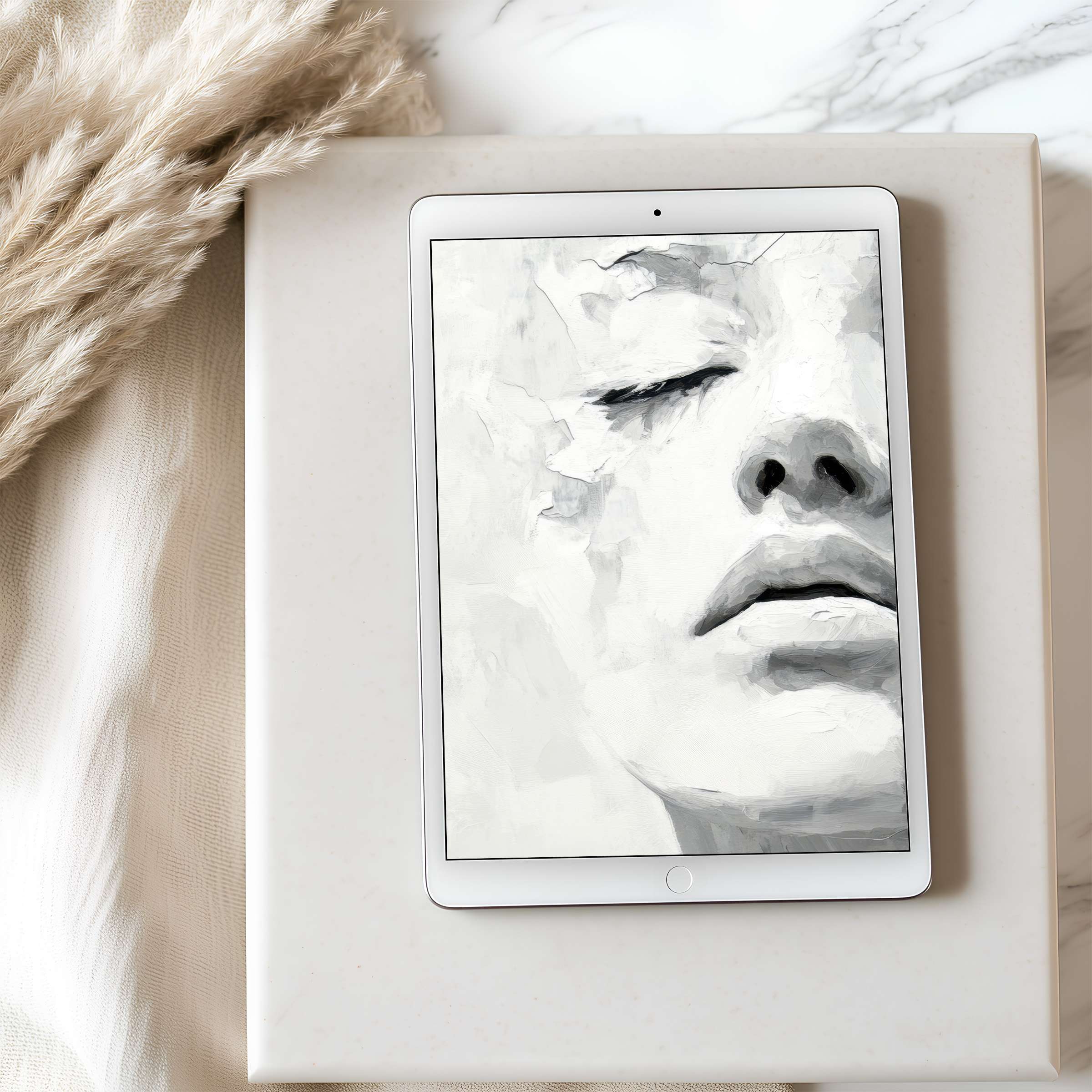 Elegant black and white face art enriches your tablet wallpaper, offering a serene, high-resolution digital download for iPad or Android
