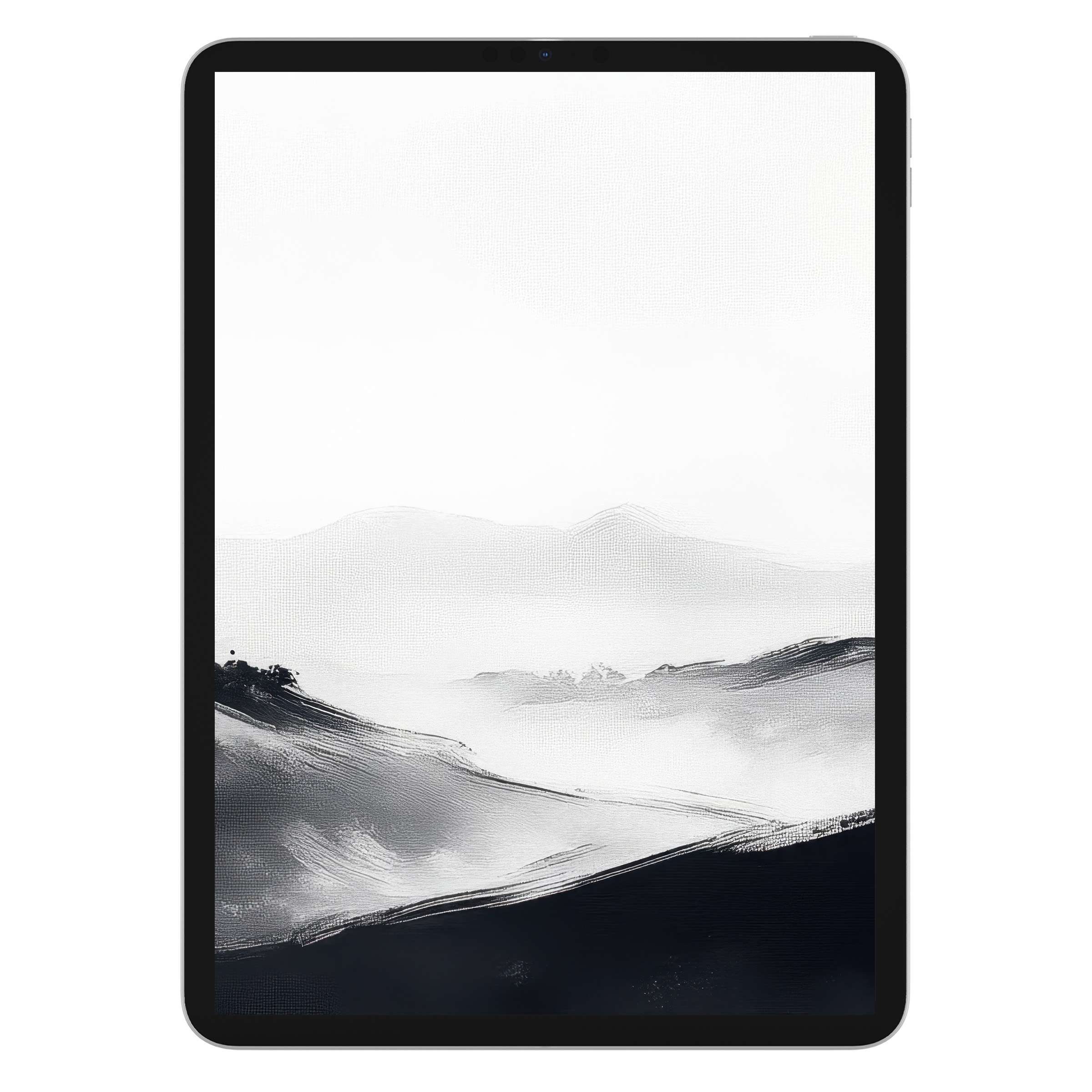 Elegant black and white iPad wallpaper featuring tranquil misty hills offers a calming digital download for tablet backgrounds