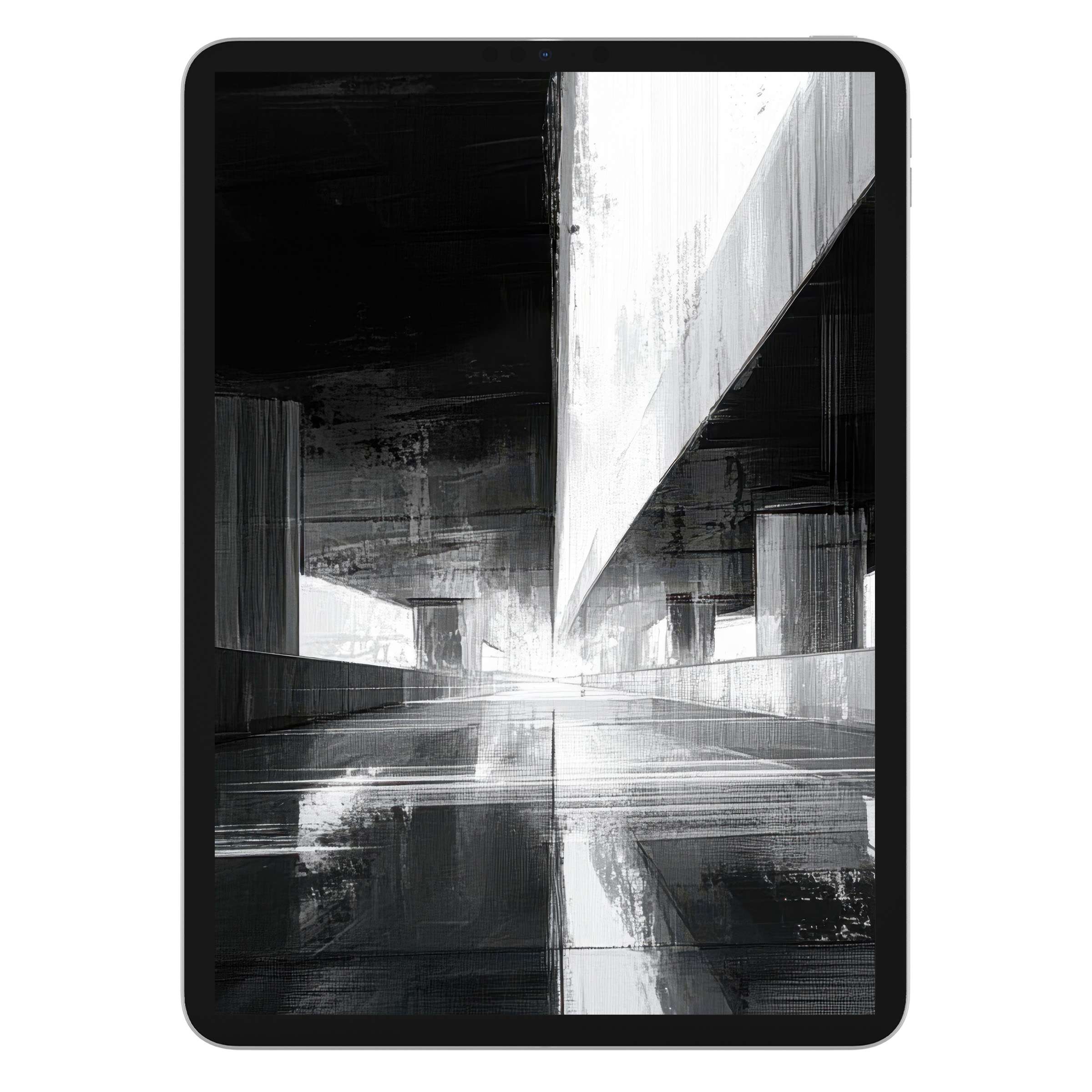 Elegant black and white iPad wallpaper featuring abstract architectural forms offers a serene digital download for tablet backgrounds
