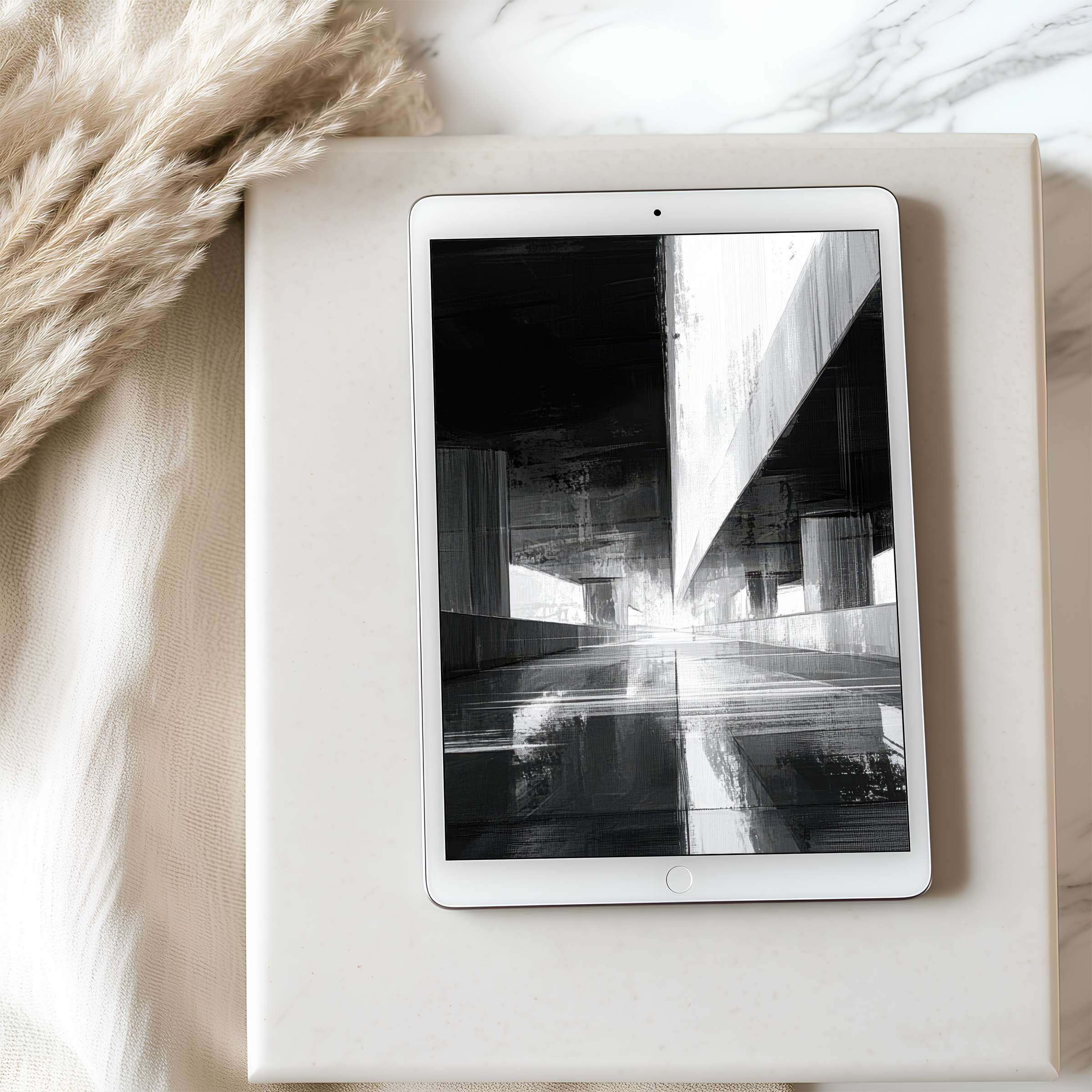 Curated black and white abstract tablet wallpaper set on a soft beige interior, perfect for iPad or Android, high resolution download
