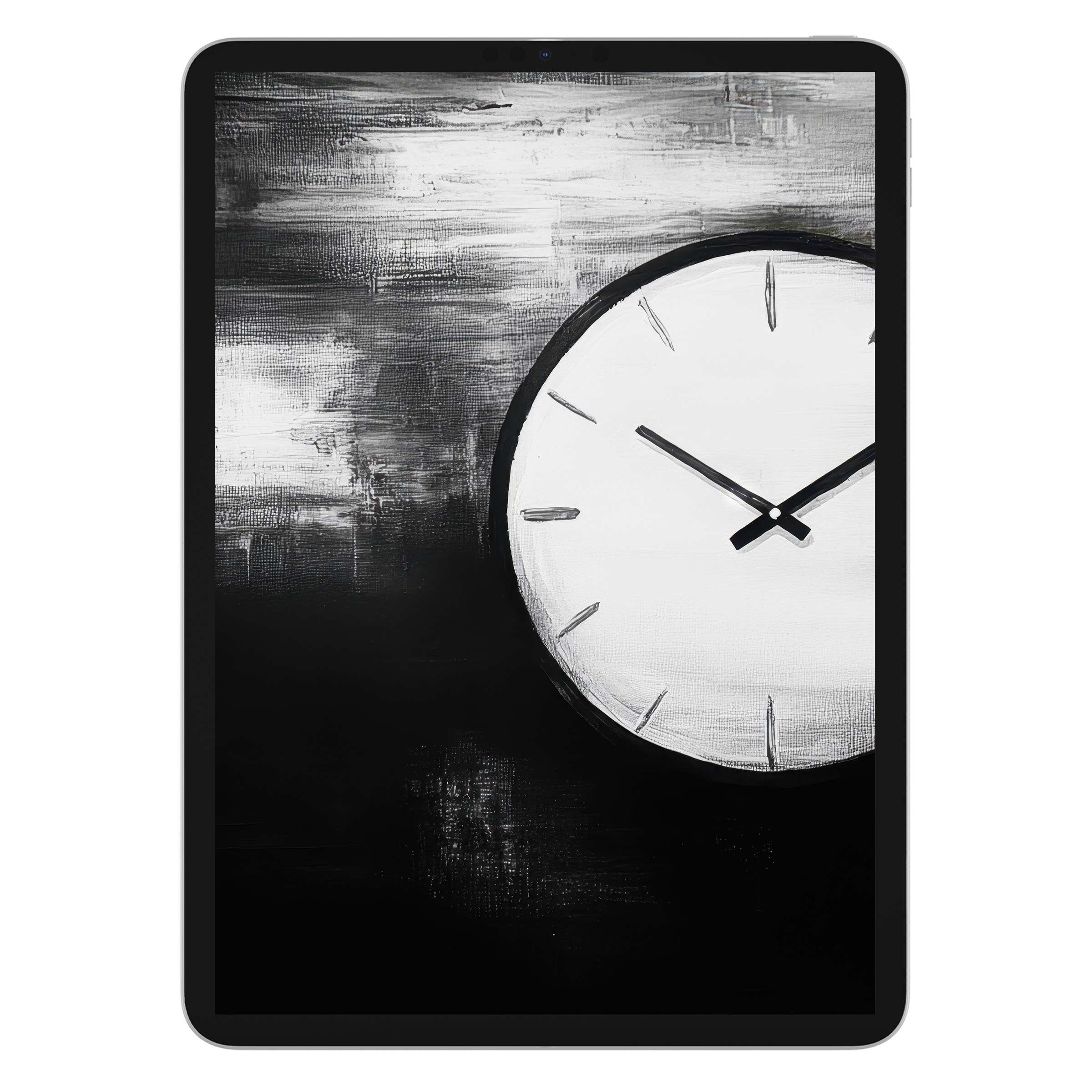 Elegant black and white iPad wallpaper featuring abstract clock painting, perfect digital download for serene tablet background visuals
