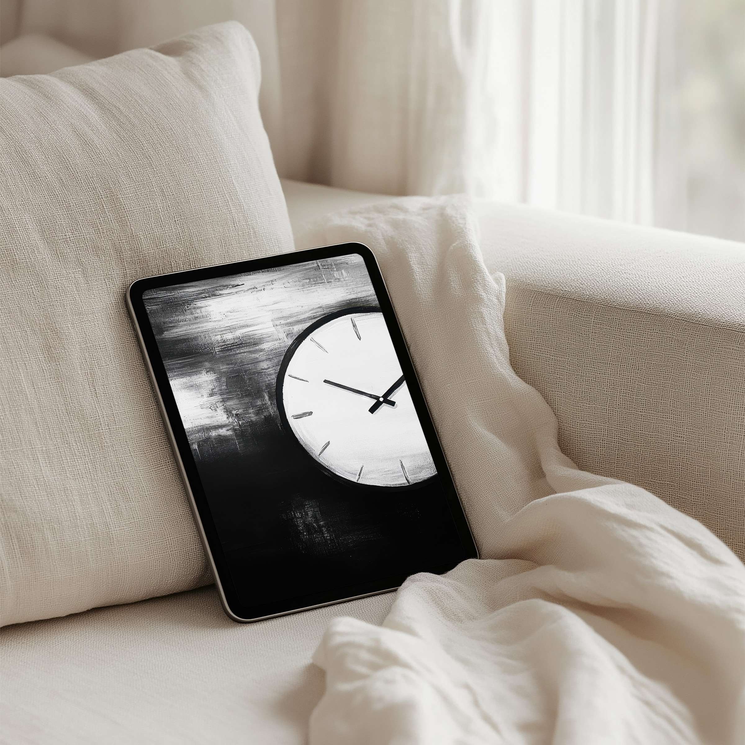 Elegant monochrome clock iPad background on a cozy sofa embodies calm and inspiration for tablet users seeking instant download tranquility