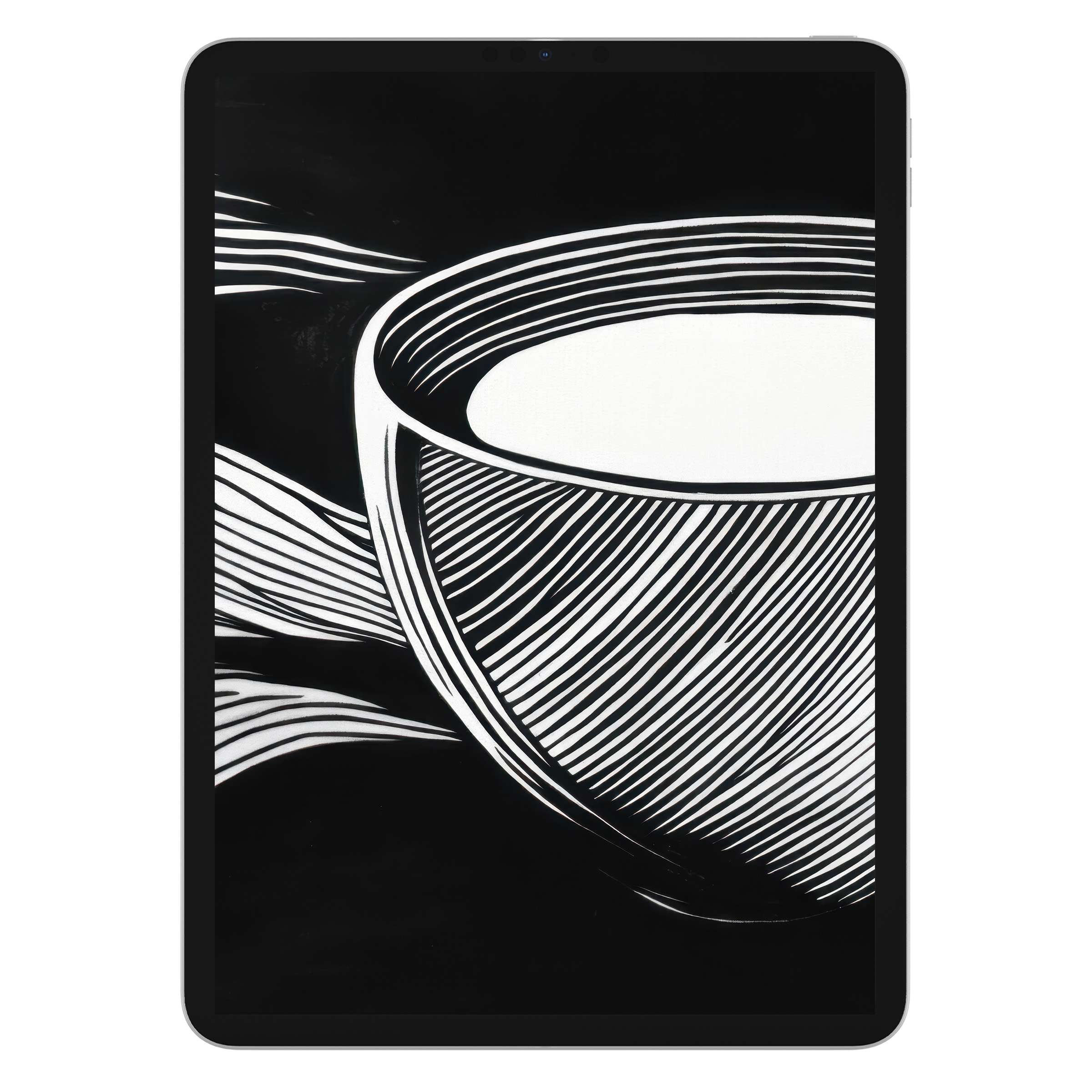Elegant black and white iPad wallpaper featuring a minimalistic cup design, perfect digital download for tablet backgrounds and serene aesthetics