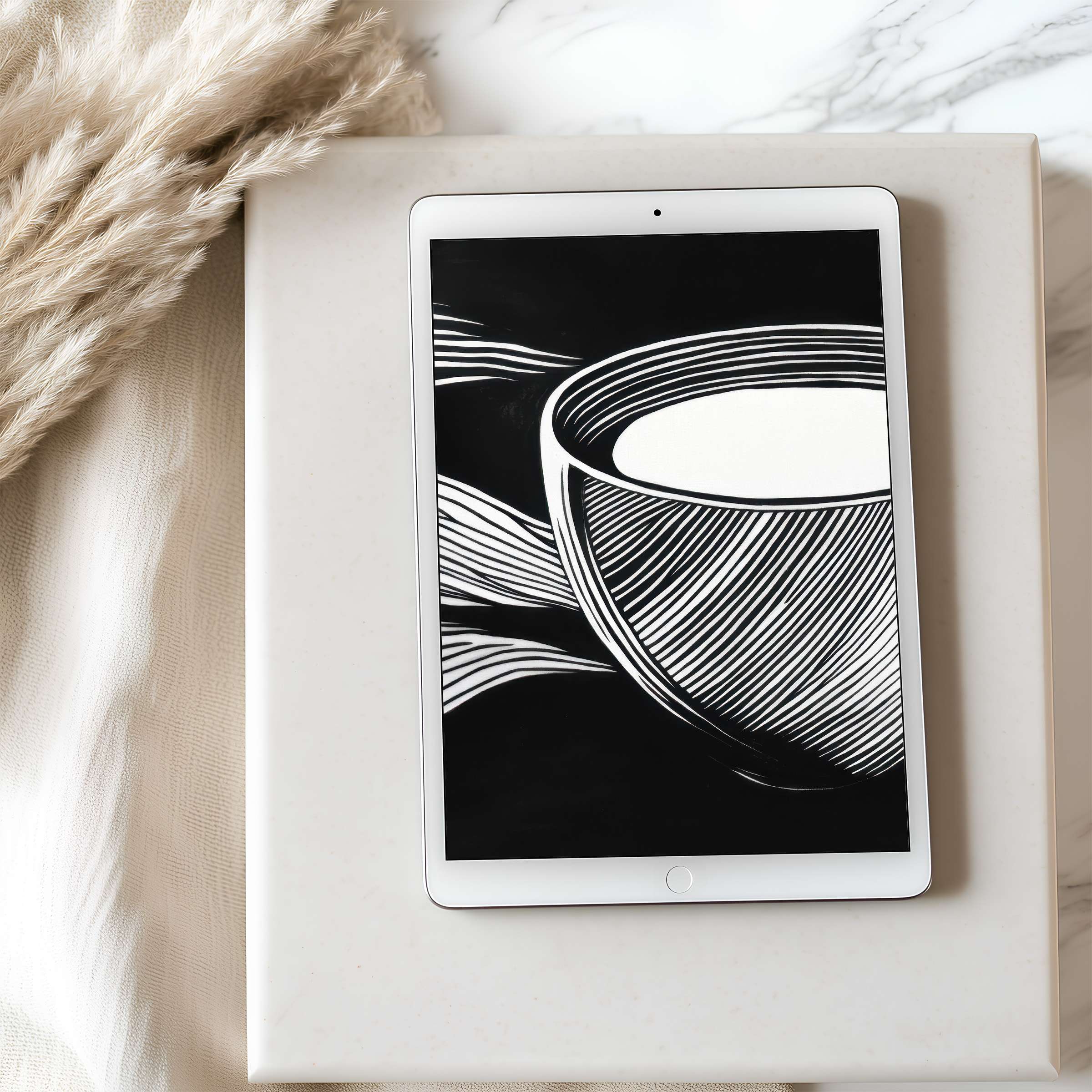 Elegant tablet wallpaper showcasing minimalist black and white cup motif perfect for iPad digital download blending chic style and tranquility
