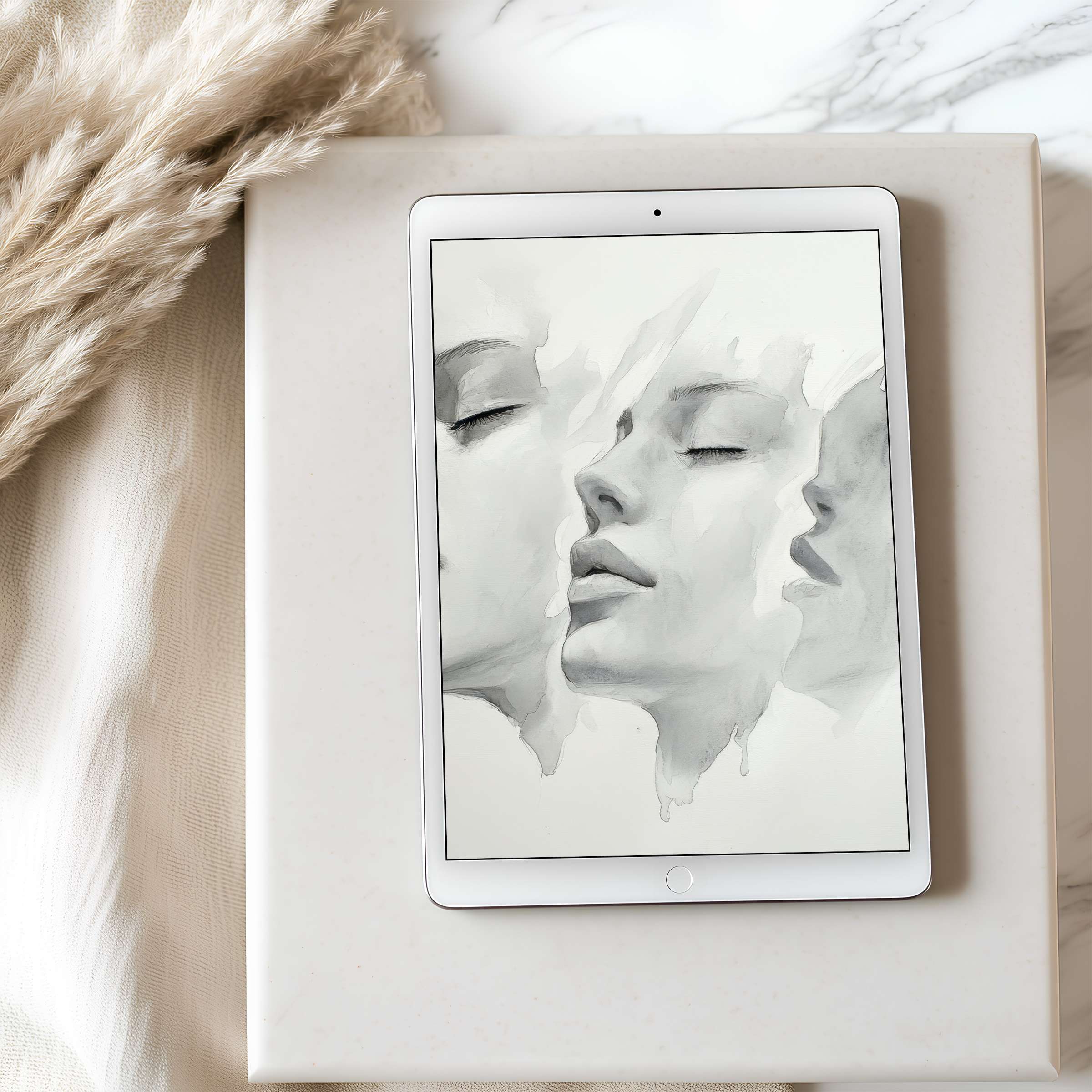 Elegant watercolor portrait on a tablet wallpaper offers serene aesthetics for iPad Perfectly curated digital download for mindful spaces