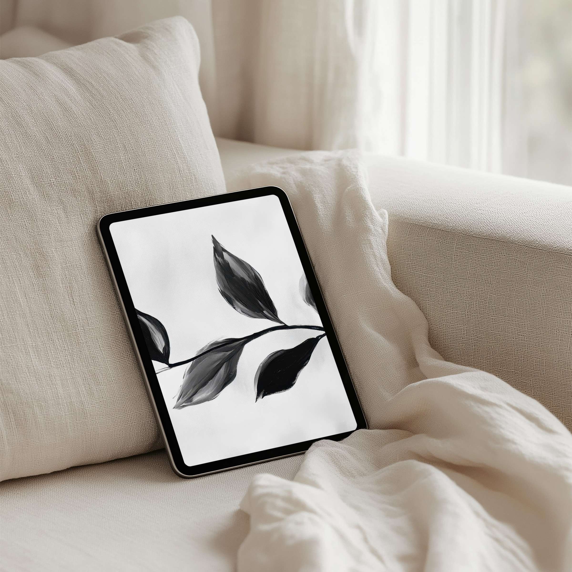 Elegant black and white leaf design iPad background offers instant download for tablets like iPad and Android bringing calm and mindfulness