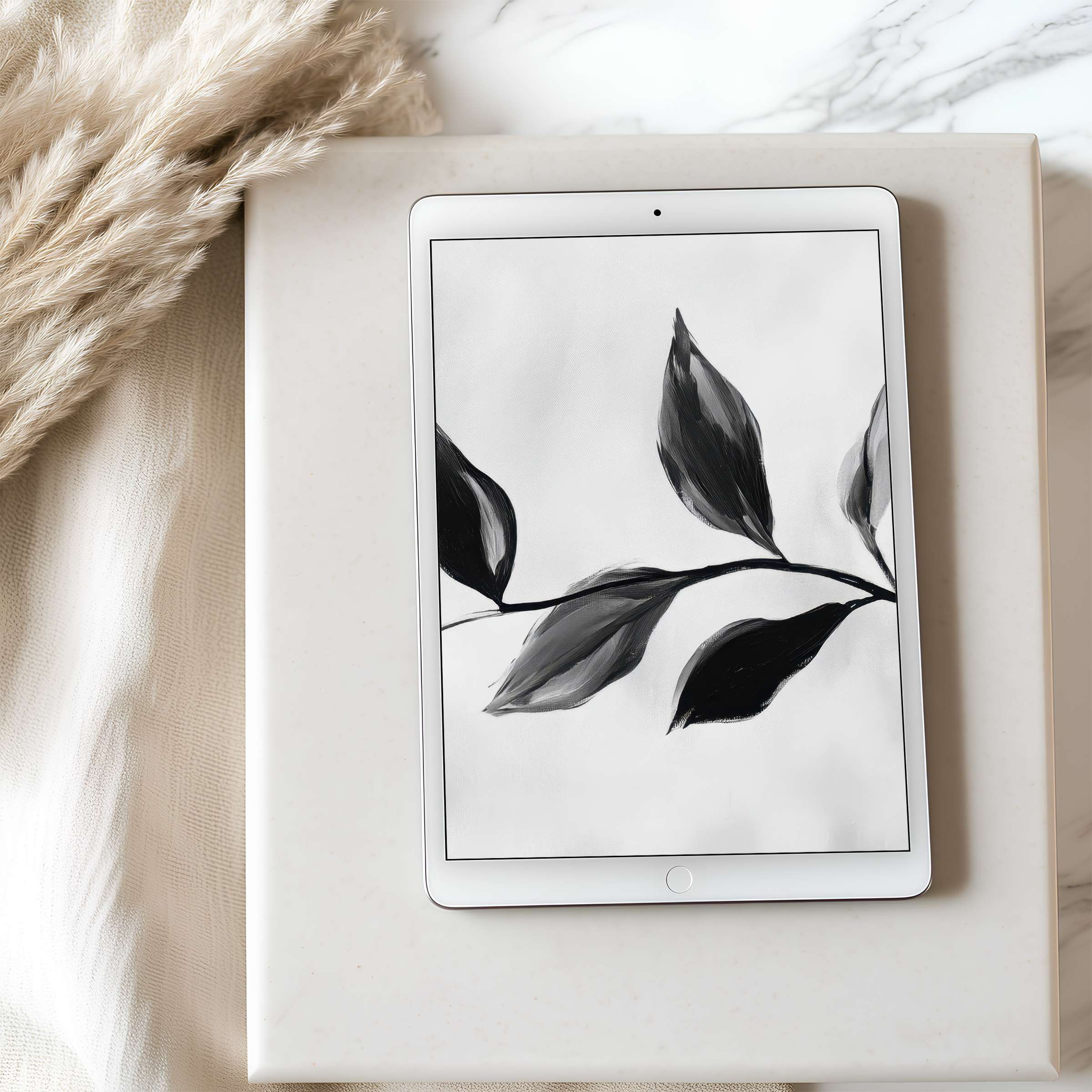 Elegant black and white leaf design tablet wallpaper, perfect for iPad, offering serenity and sustainability in a high-resolution digital download