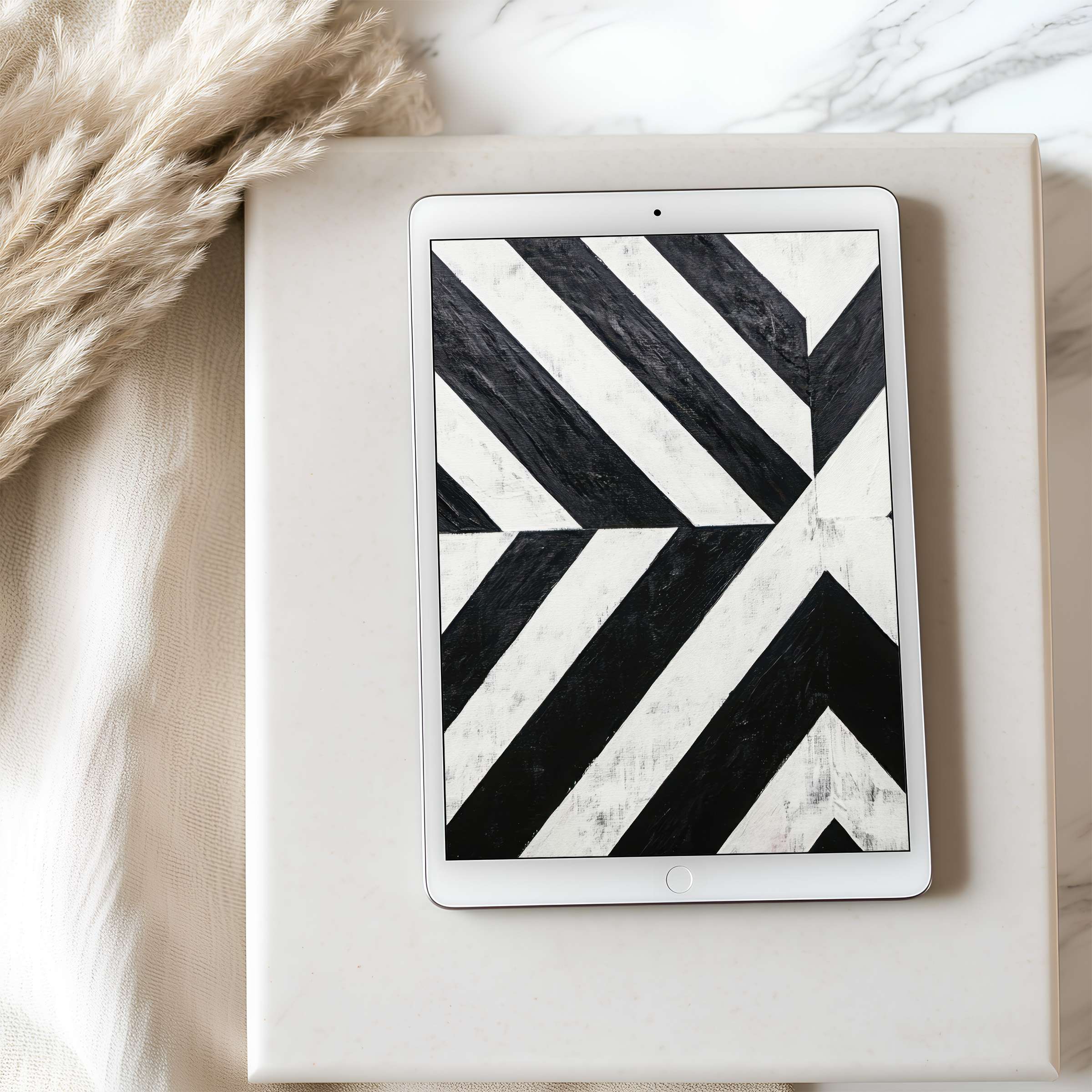 Elegant black and white geometric tablet wallpaper complements serene interiors, ideal for high resolution iPad or Android download