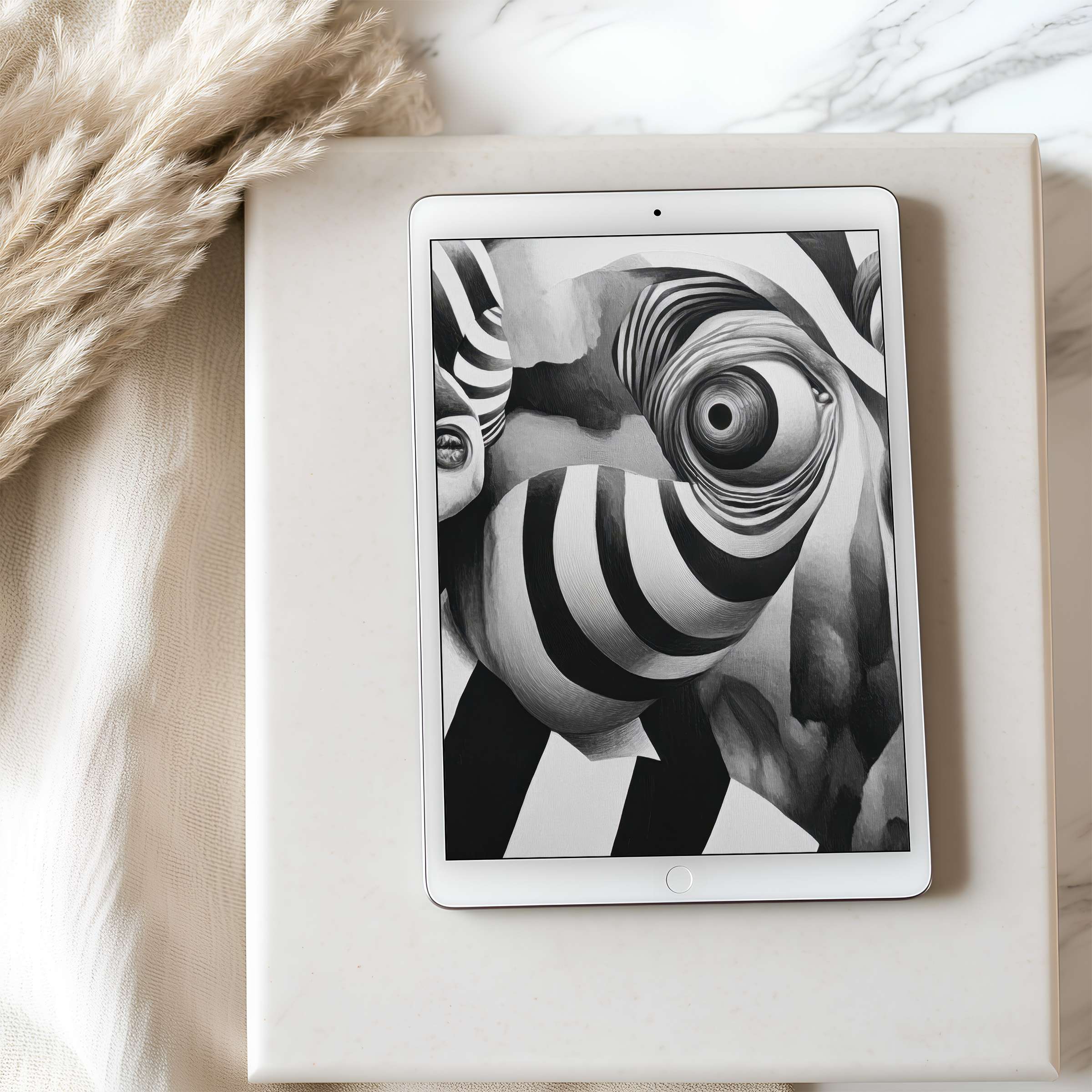 Elegant black and white abstract tablet wallpaper with high resolution, perfect for iPad and Android, inspiring serene digital download