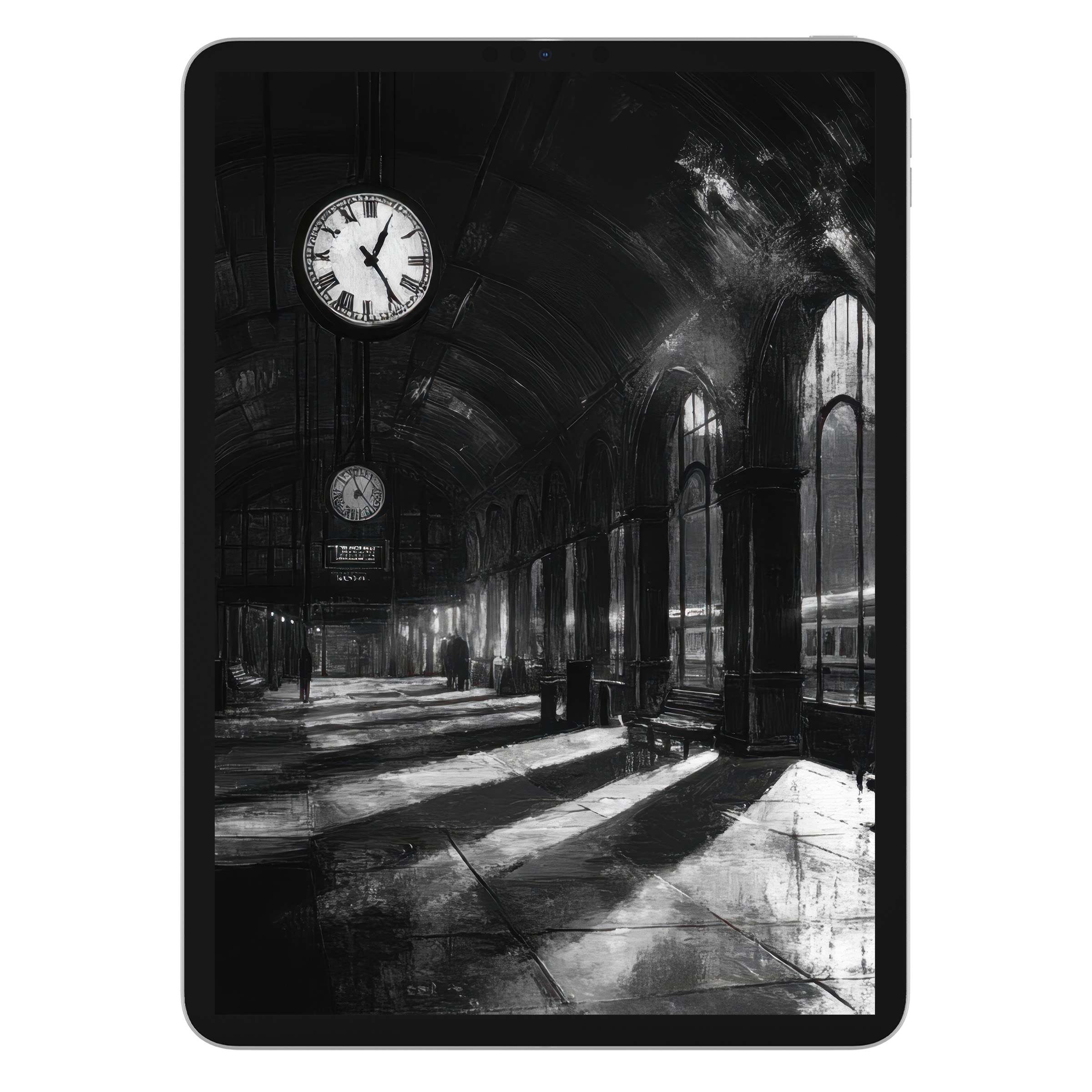 Black and white iPad wallpaper with striking shadows of an elegant vintage train station creating a calm and inspiring tablet background digital download