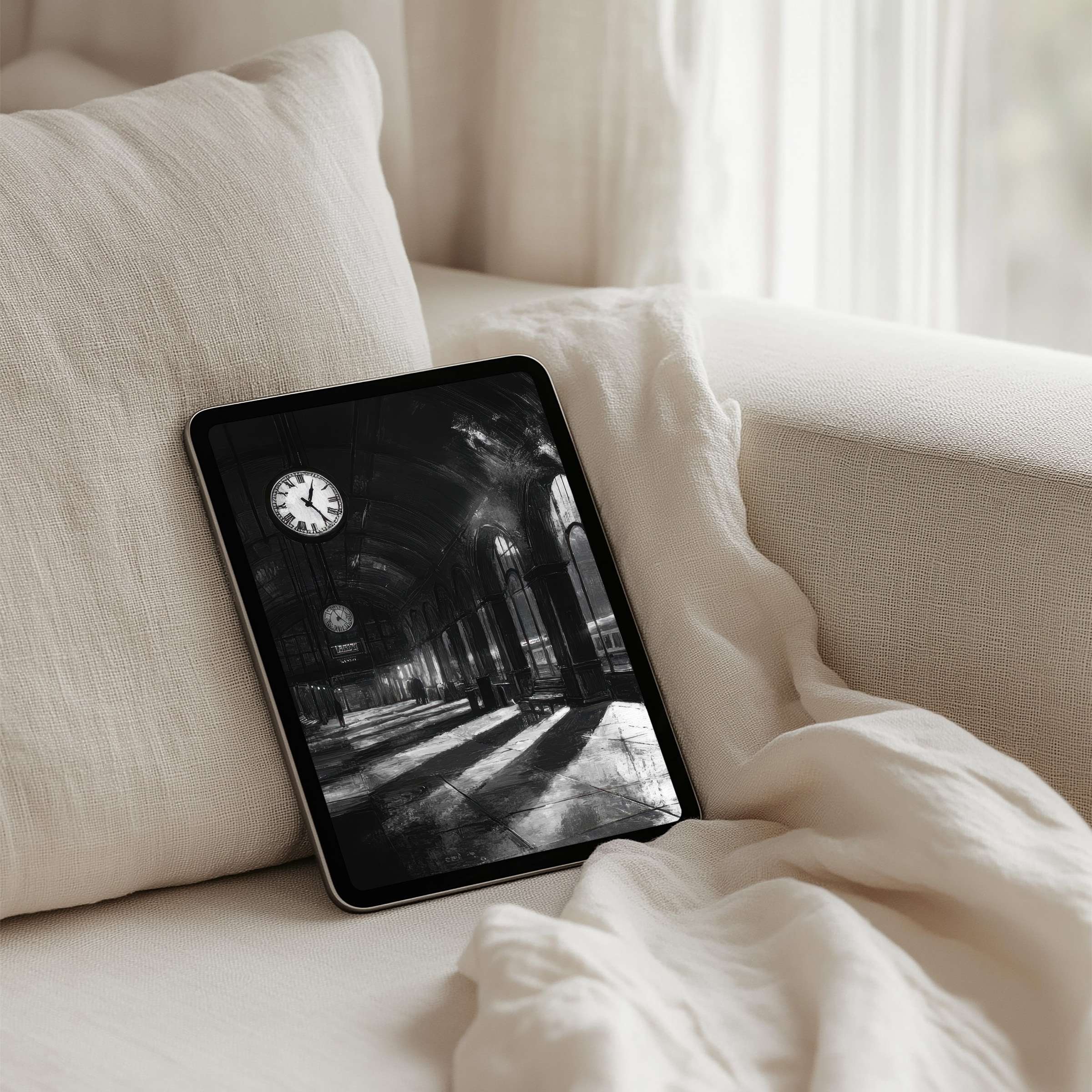 Elegant black and white iPad background of a serene train station for tablet users seeking instant download of timeless inspiration