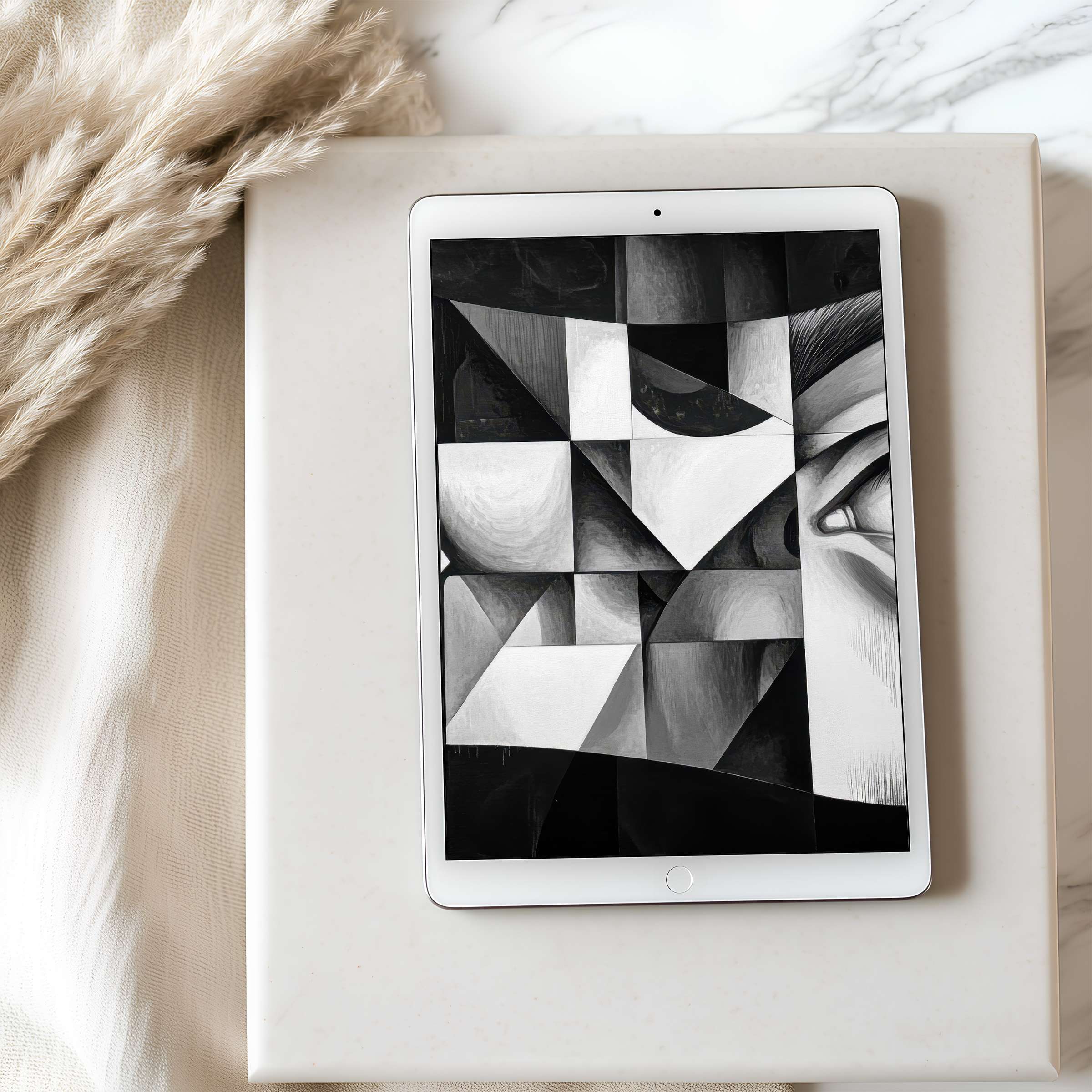 Elegant monochrome geometric design tablet wallpaper for iPad and Android, enhancing calm spaces with high-resolution digital art download