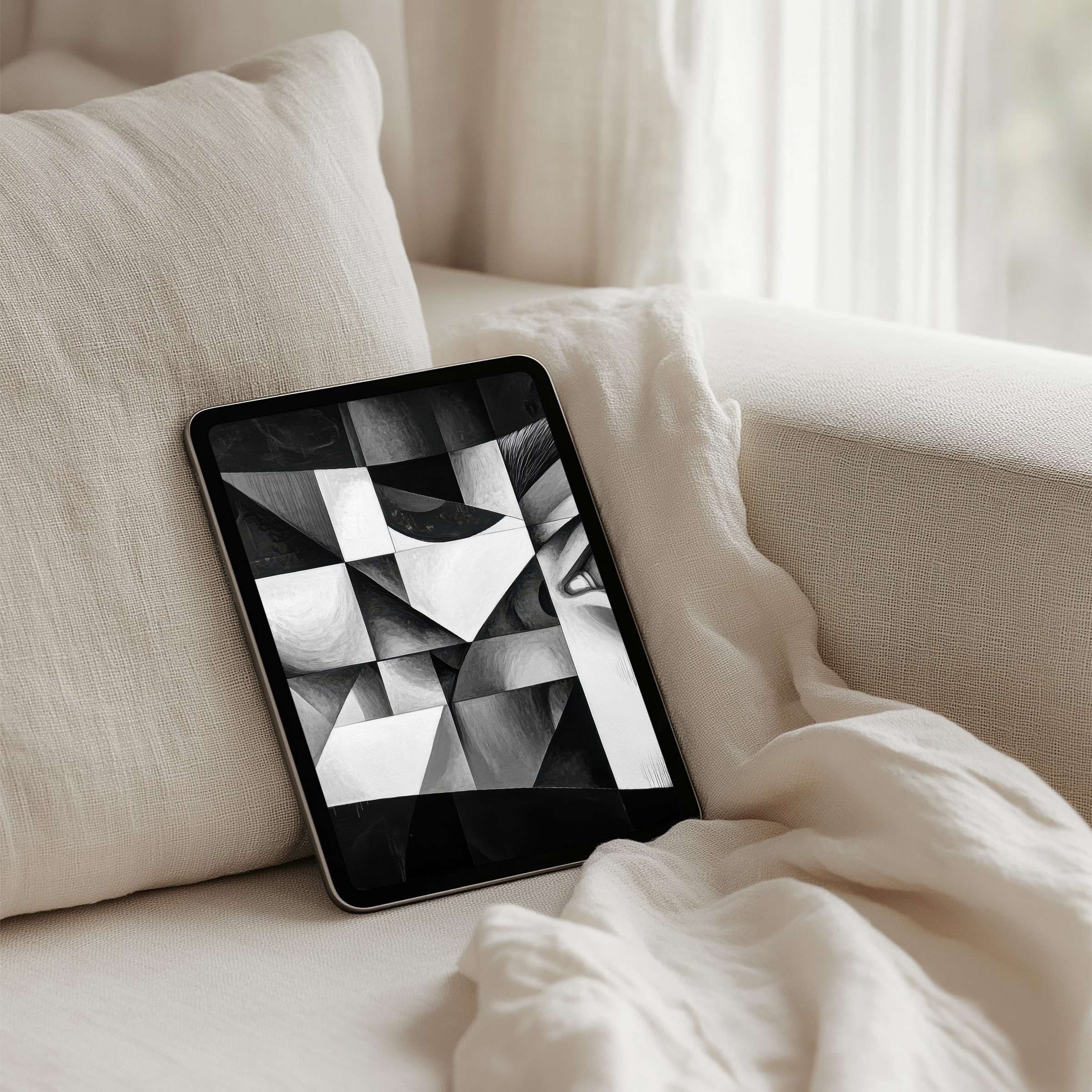 Geometric black and white digital art on iPad background enhances tablet elegance and calm, perfect for instant download