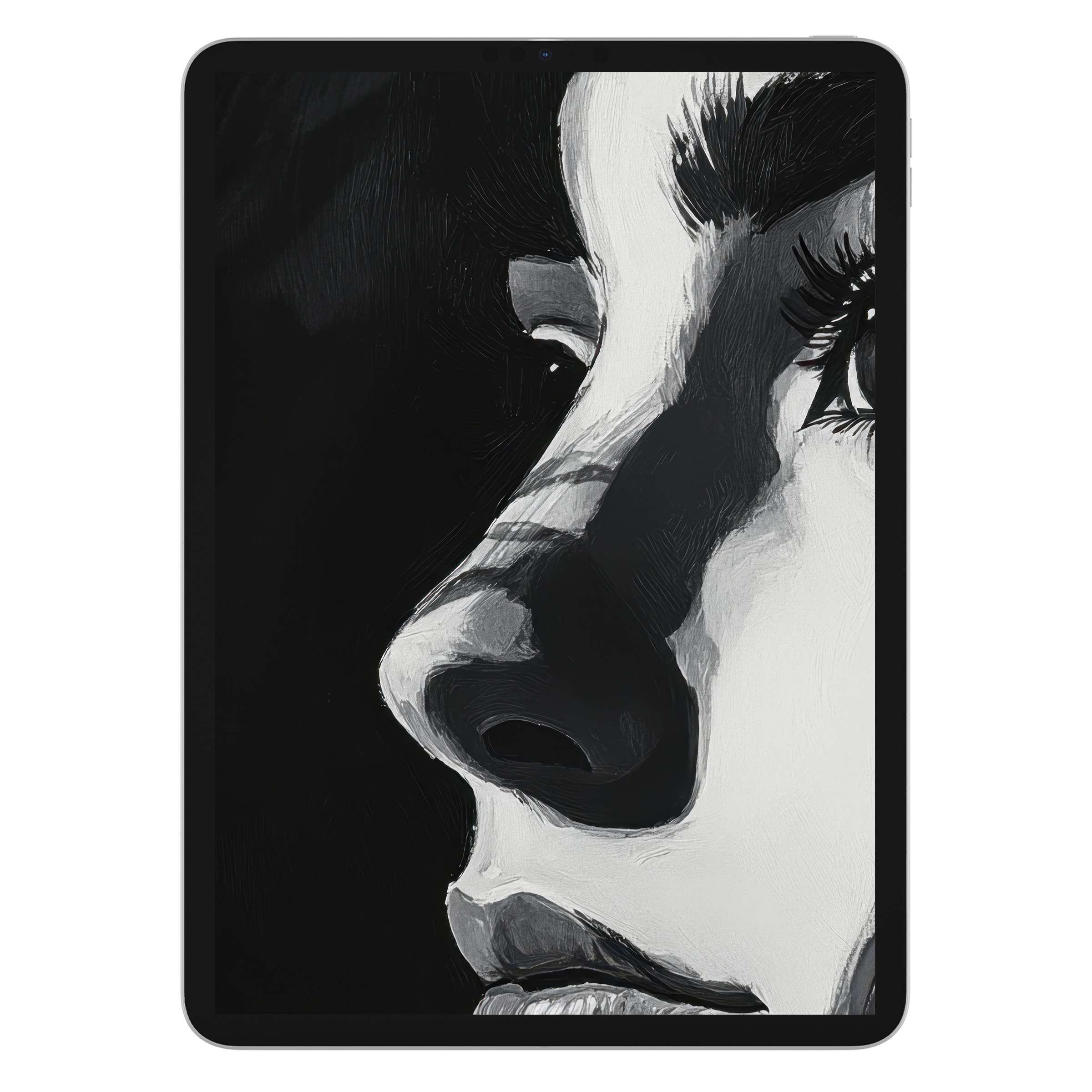Elegant black and white iPad wallpaper featuring a serene portrait, perfect digital download for tablet background and Android devices