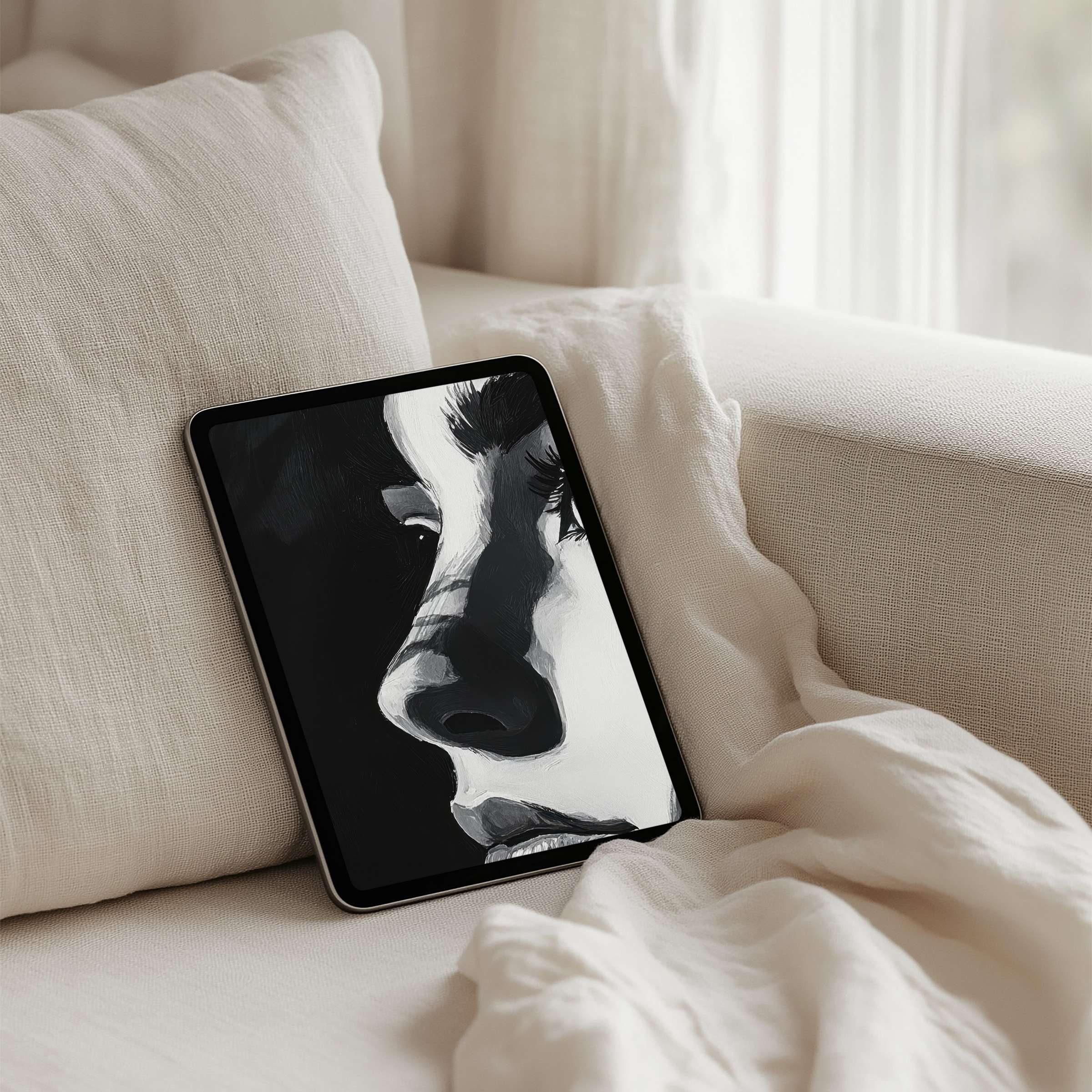Elegant black and white portrait iPad background for instant download, perfect for calming and inspiring your tablet experience