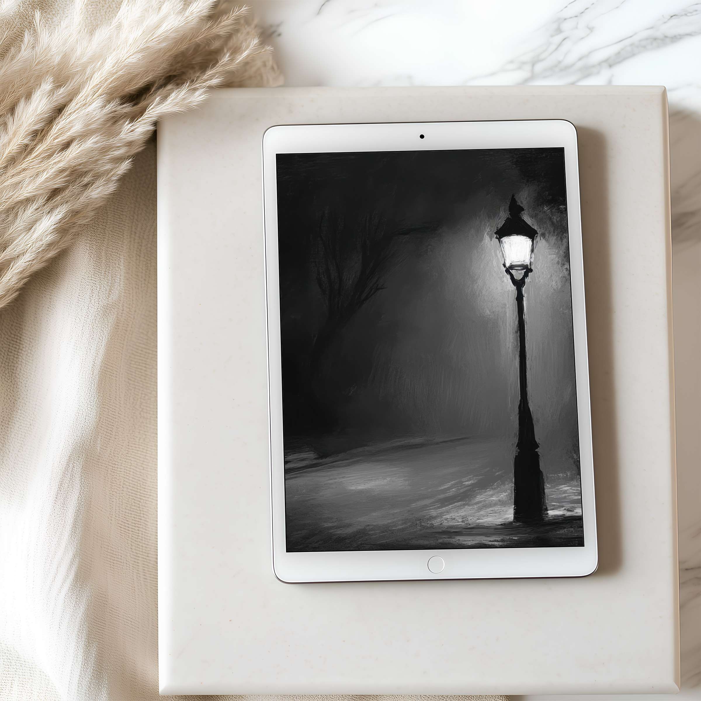 Elegant black-and-white tablet wallpaper featuring a misty lamp post scene ideal for iPad high resolution digital download aesthetics
