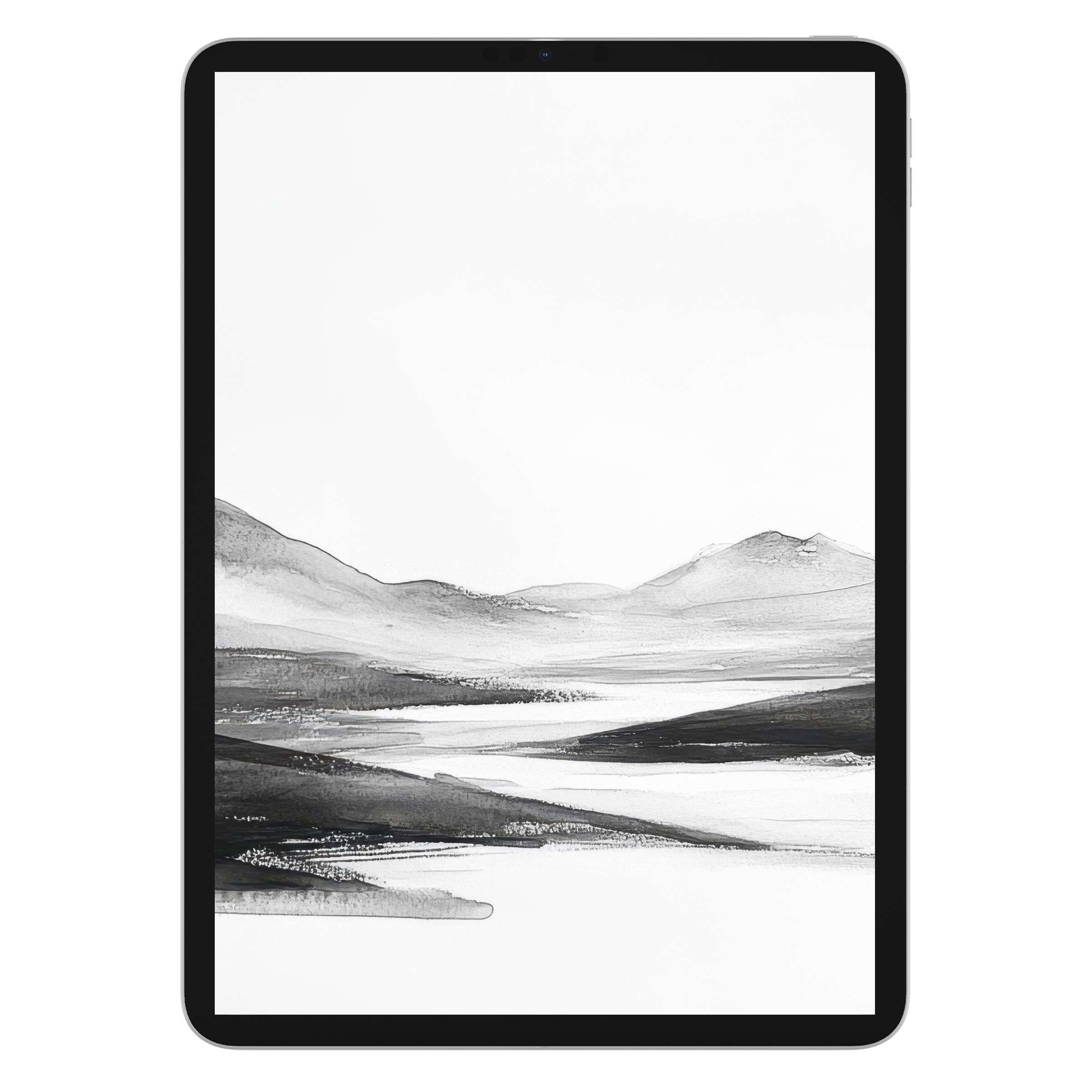 Elegant black and white iPad wallpaper showcasing serene mountain landscape ideal as digital download for tablets and calming background