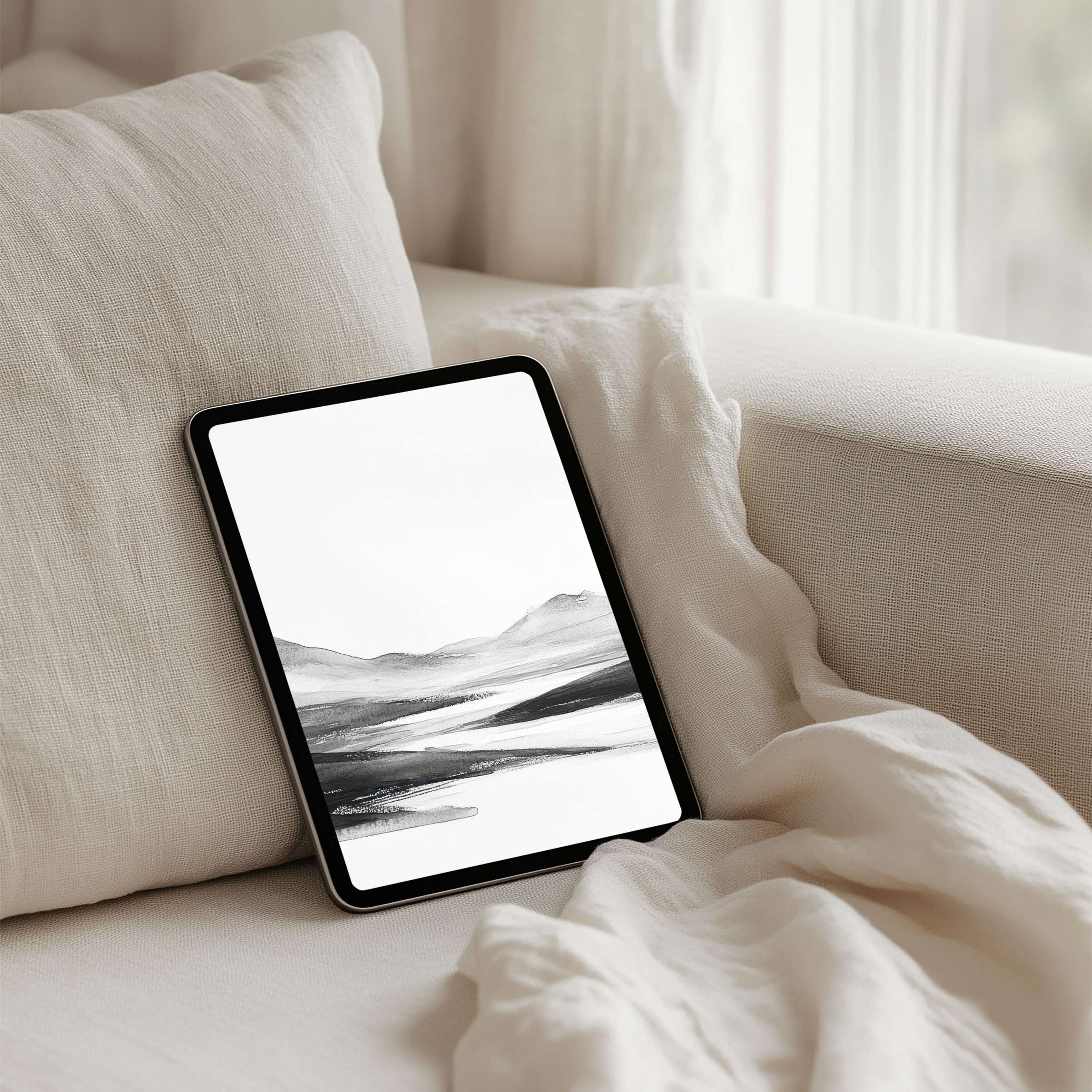 Elegant black and white minimalist art on iPad background for instant download fits any tablet inspiring calm and mindfulness