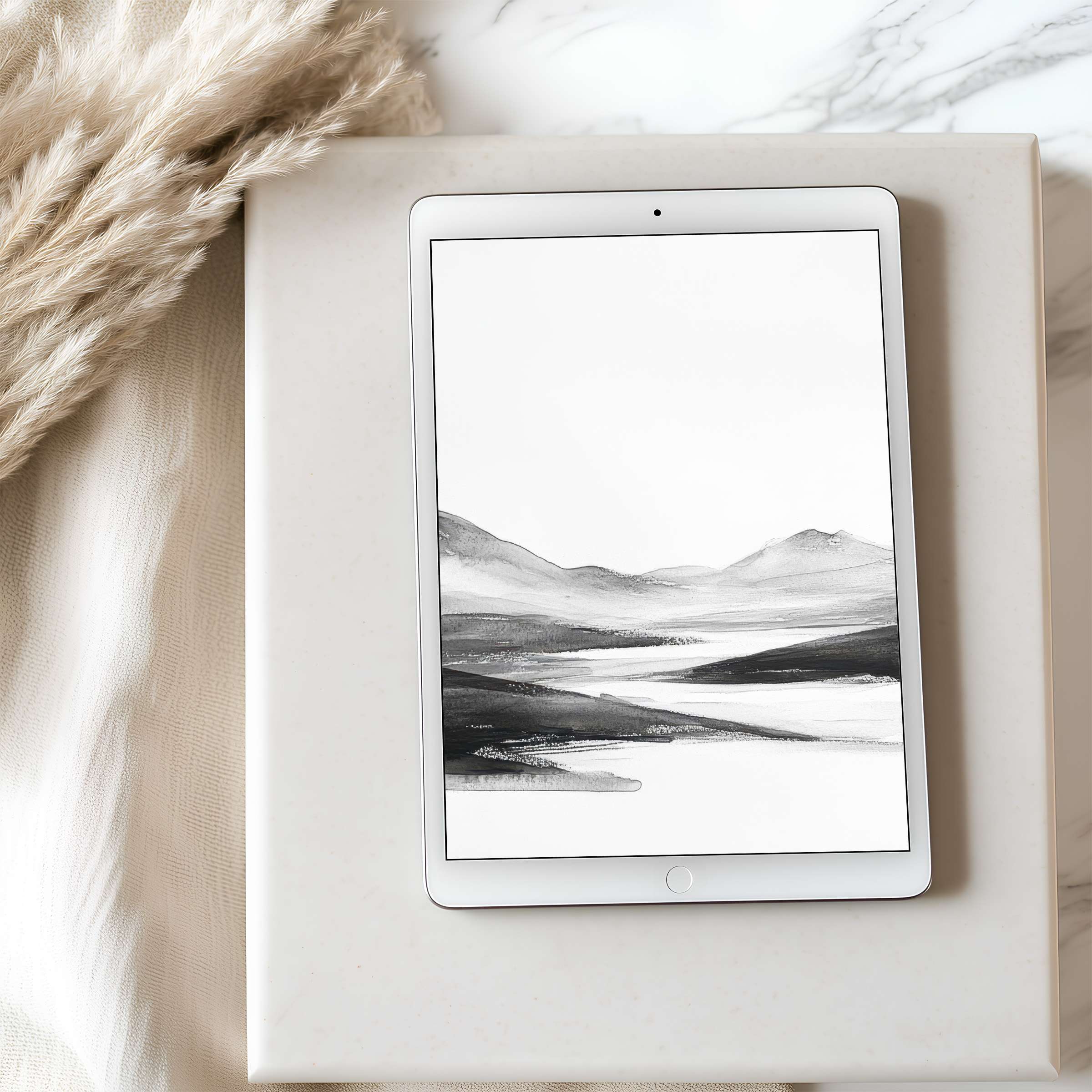 Elegant grayscale landscape tablet wallpaper inspires calm, perfect for iPad and Android tablets, offering a peaceful digital download