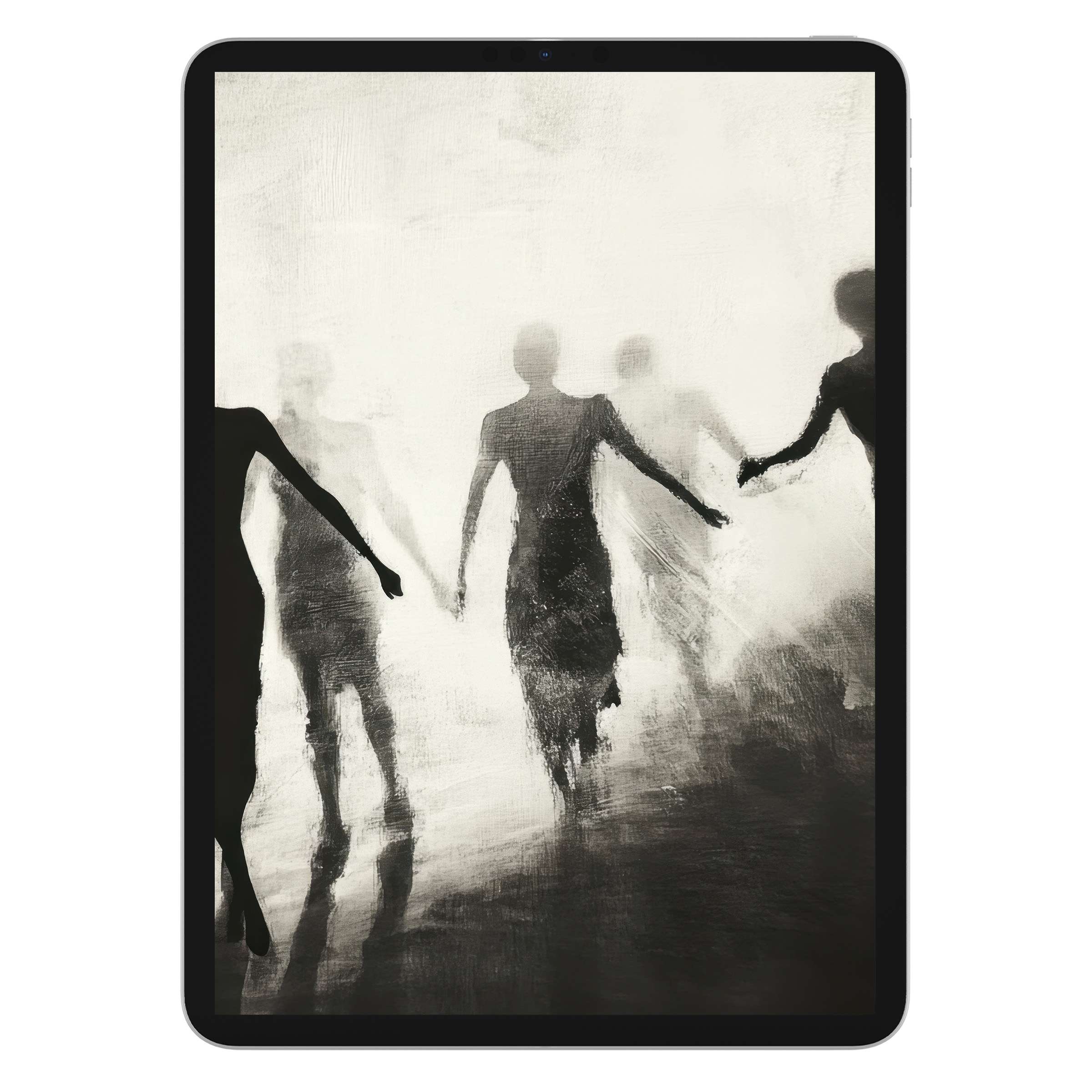 Ethereal black and white iPad wallpaper showcases elegant silhouettes on a textured background for a serene digital download on tablets