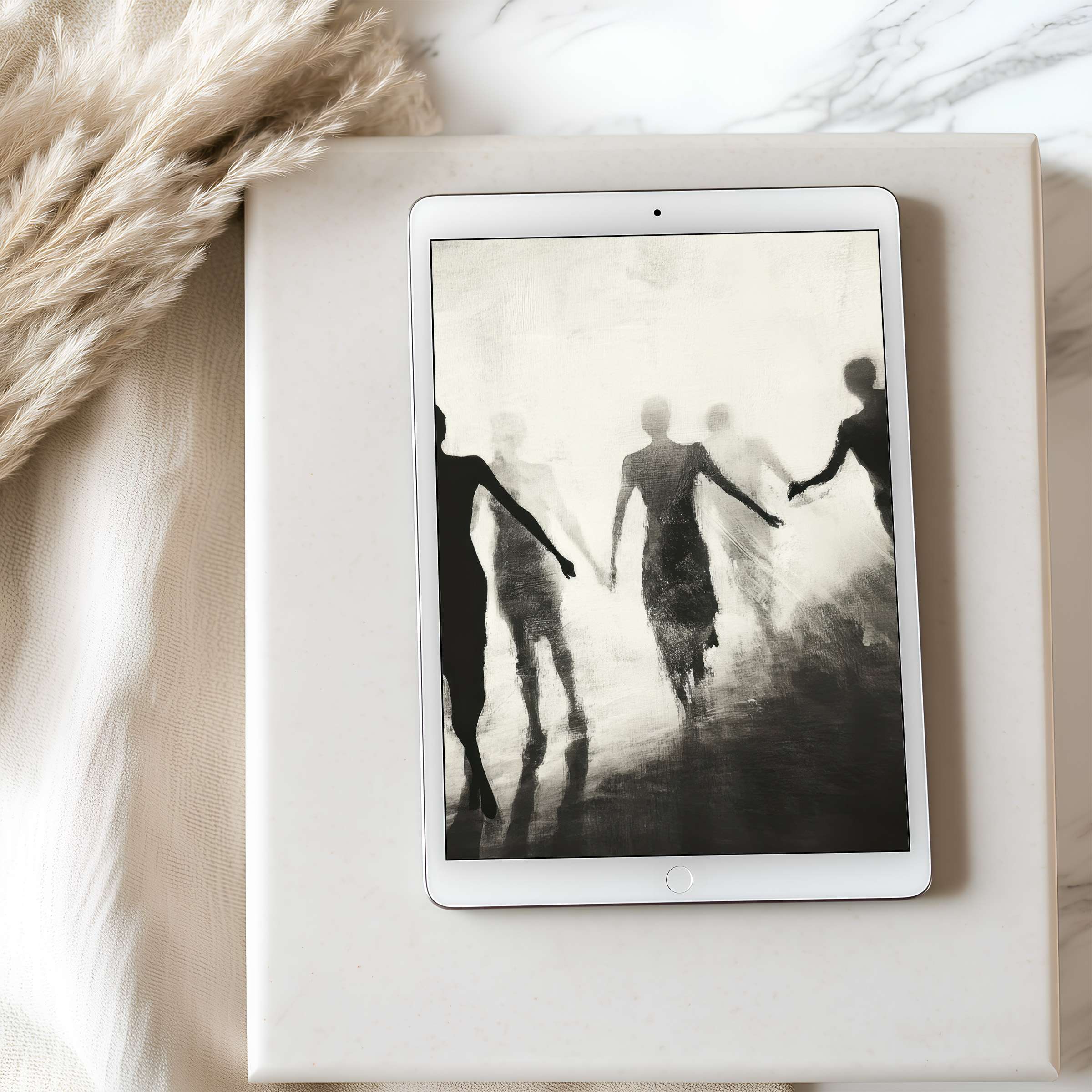 Elegant grayscale figures dance across a high-resolution tablet wallpaper, enhancing serene spaces with artistic flair, perfect for iPad downloads