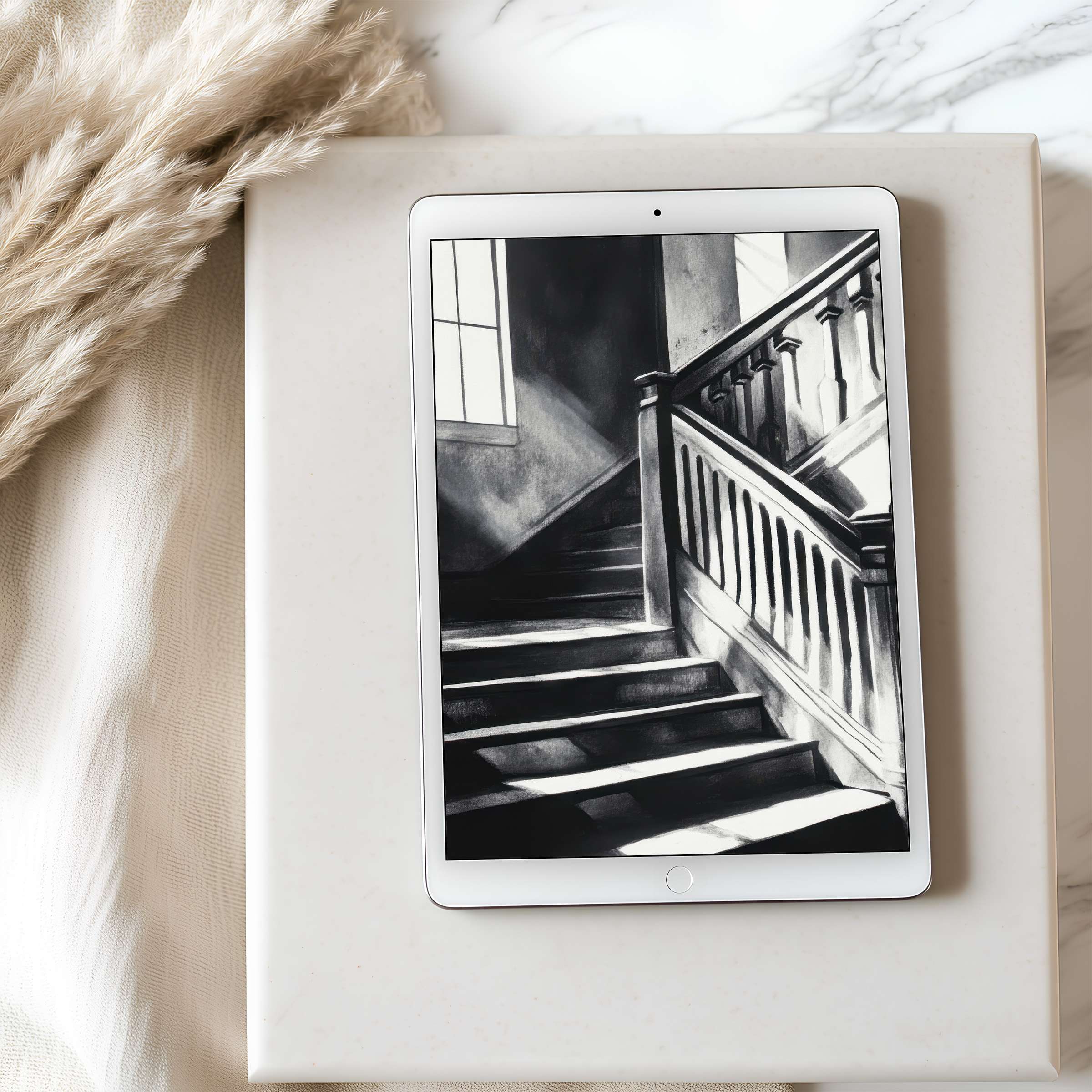 Elegant monochrome staircase art on a tablet wallpaper set in a serene interior perfect for high-resolution iPad and Android displays