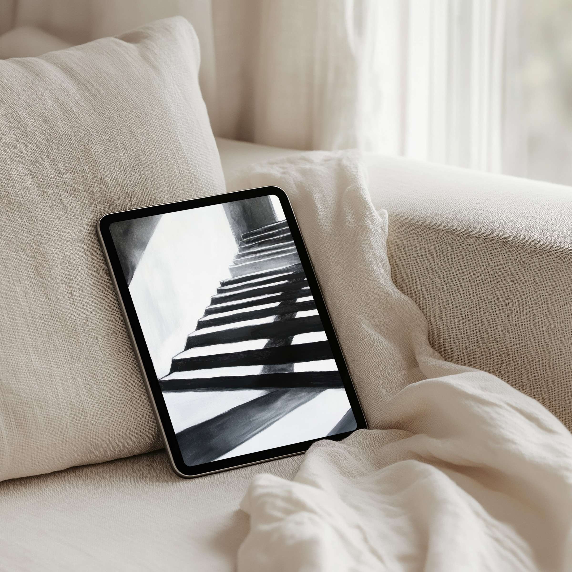 Elegant monochrome iPad background on display, perfect for instant download to transform any tablet into a serene, stylish device