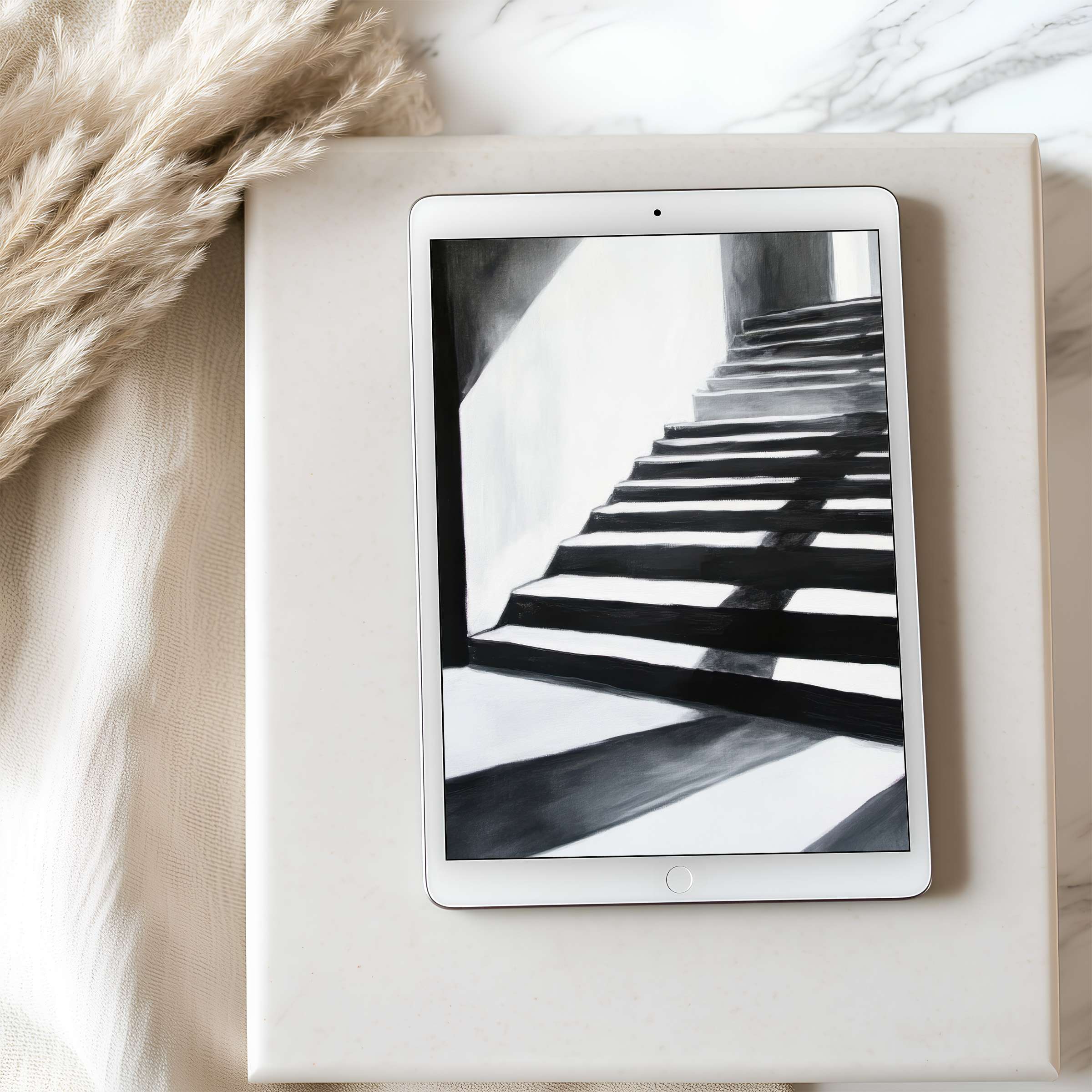 Elegant black and white staircase art for tablet wallpaper offers tranquility and style in high resolution for iPad and Android downloads