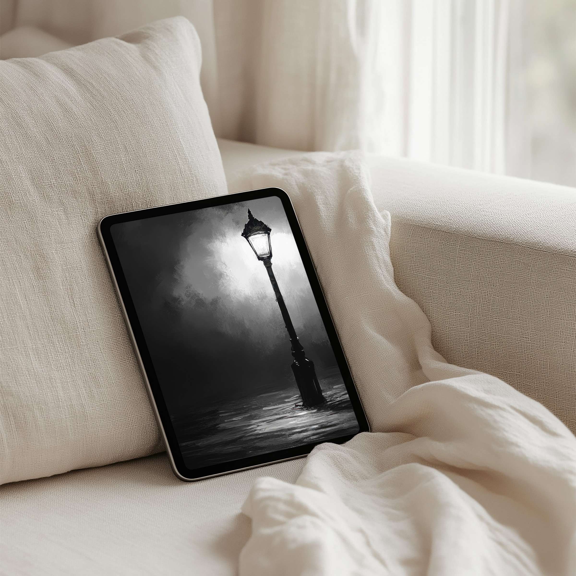 Elegant black-and-white streetlamp iPad background evokes calm and mindfulness perfect for tablet use with instant download