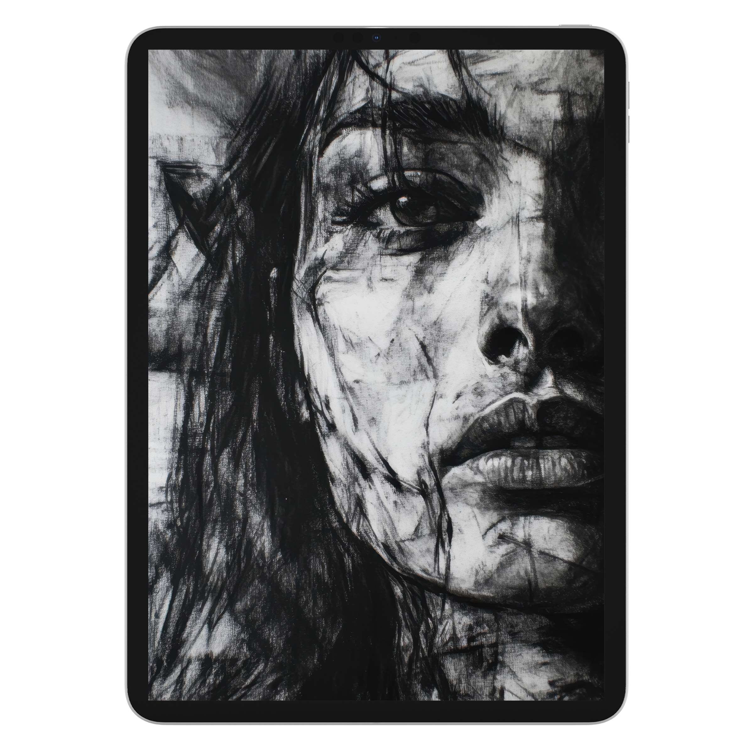 Moody black and white iPad wallpaper featuring an abstract portrait, ideal background for tablet users seeking digital download serenity
