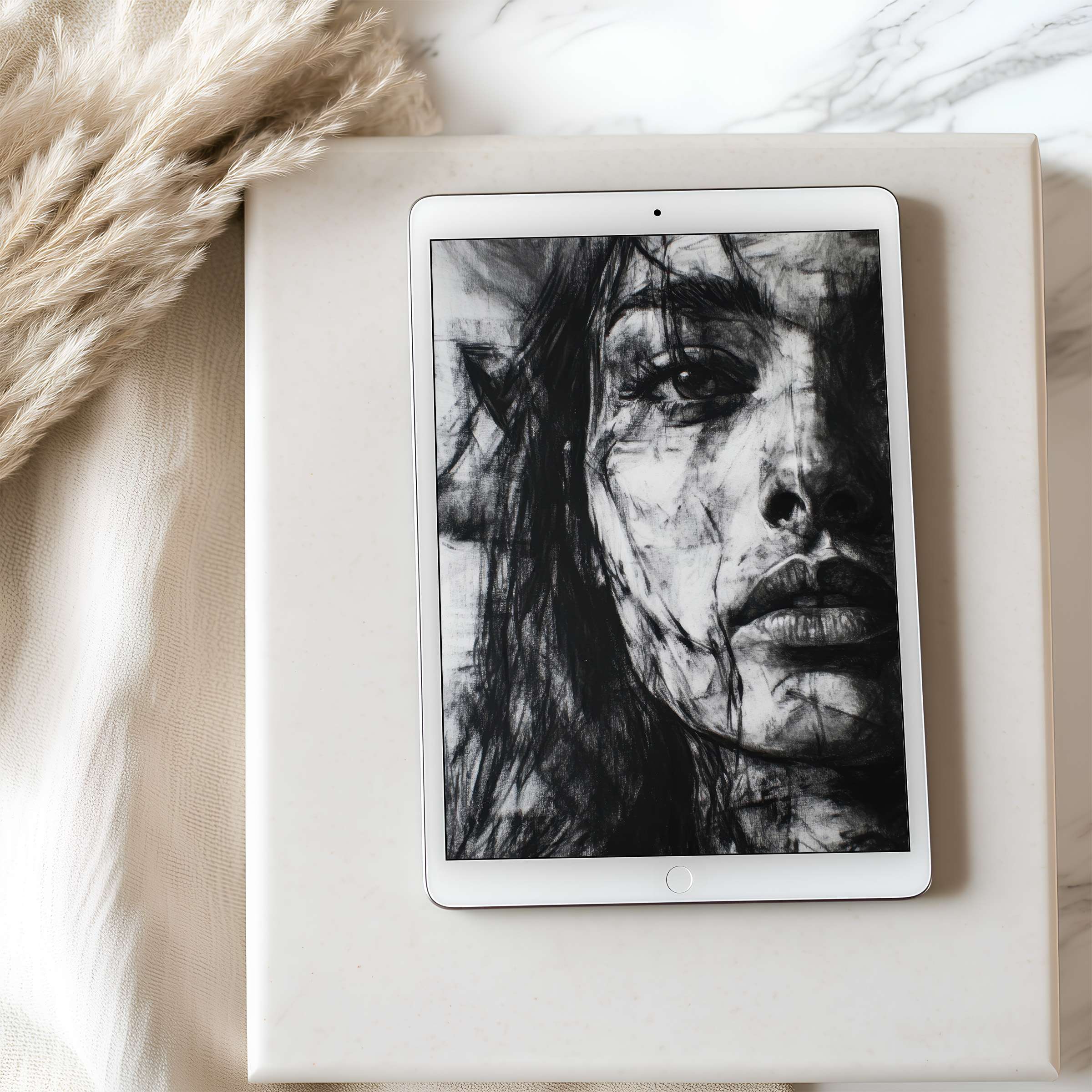 Elegant black-and-white digital portrait tablet wallpaper enhances any iPad high resolution screen creating a serene interior atmosphere