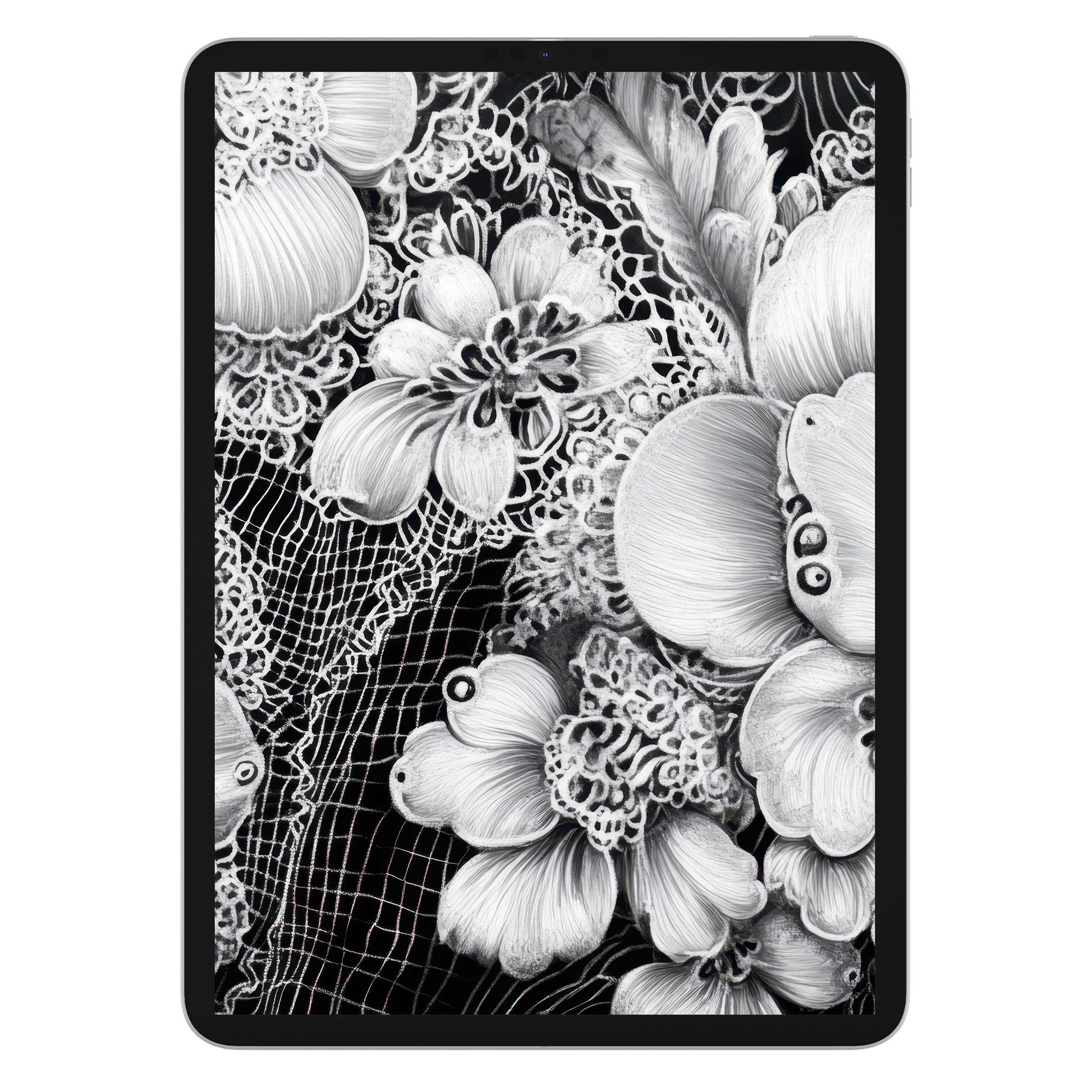 Elegant black and white iPad wallpaper featuring intricate floral lace designing a serene digital download background for tablets​
