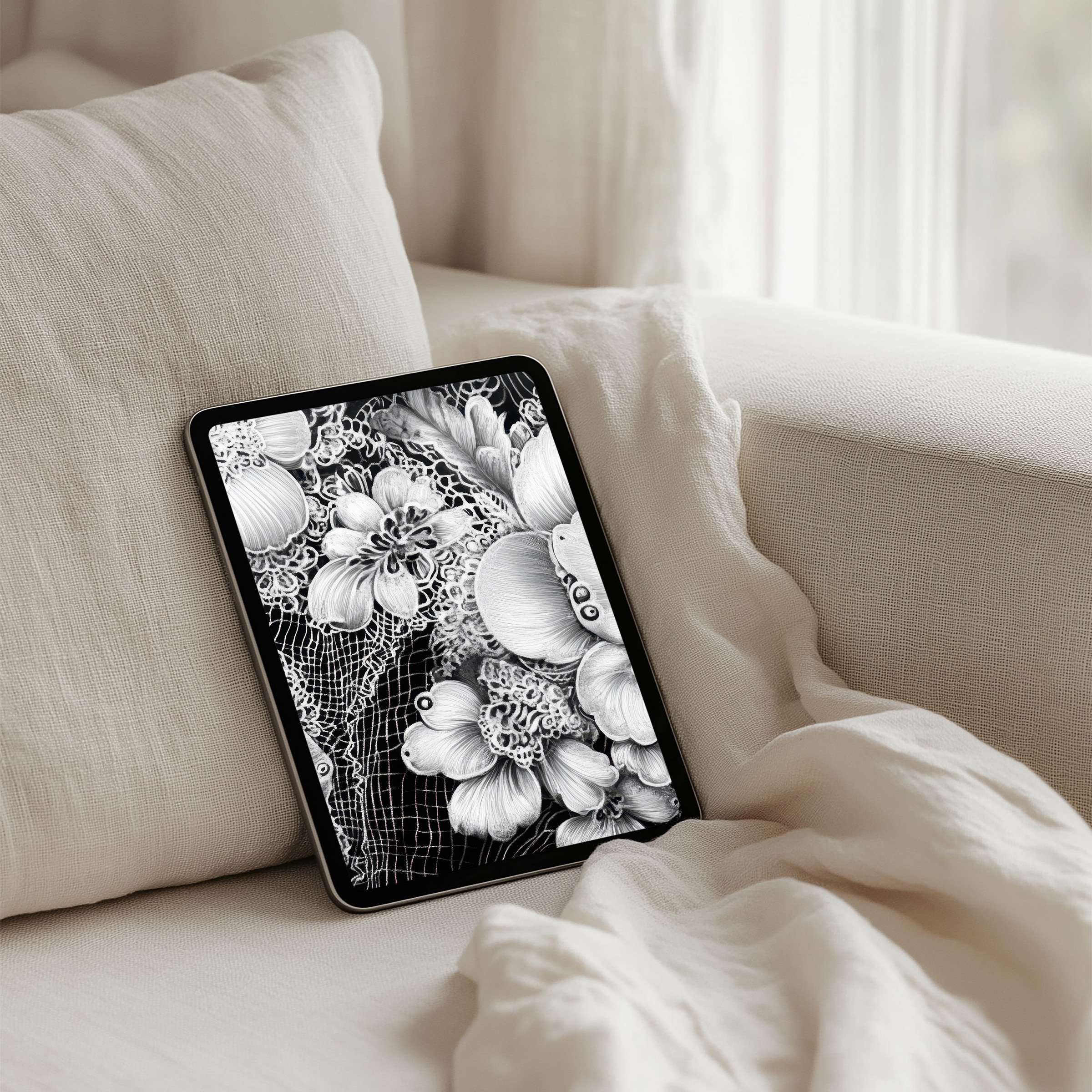 Elegant floral black and white iPad background inspires calm Instant download for any tablet, enhancing mindful aesthetics