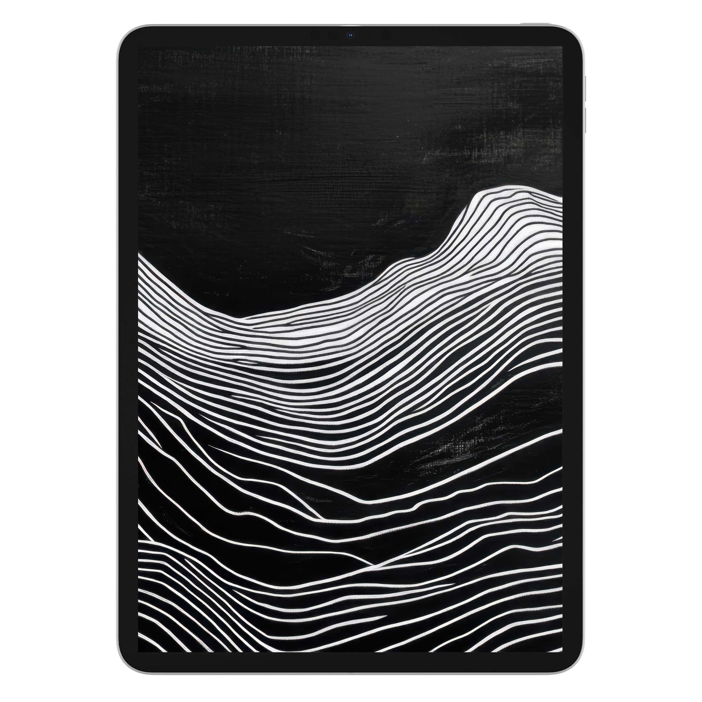 Black and white iPad wallpaper featuring elegant line art waves creates a calm, professional digital download for any tablet background