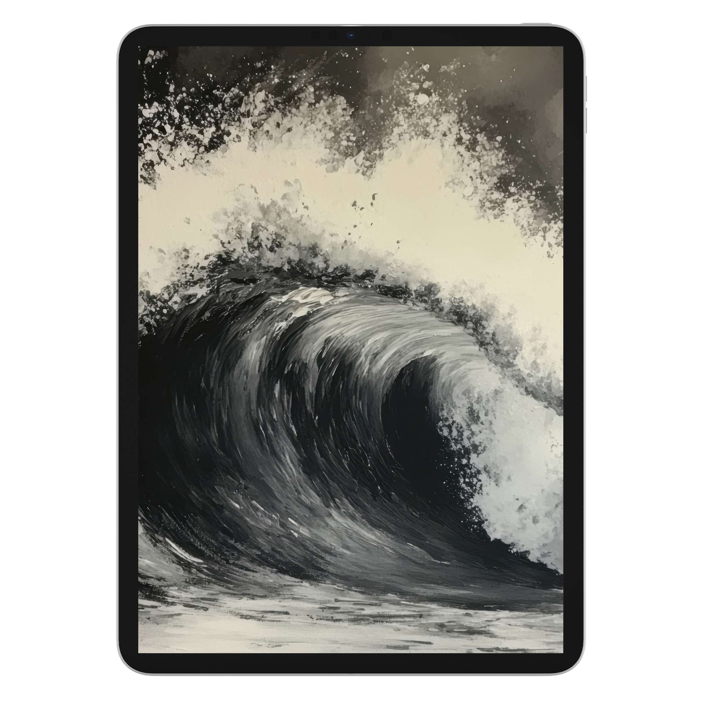 Black and white iPad wallpaper featuring a serene wave painting for tablet backgrounds, digital download for design lovers