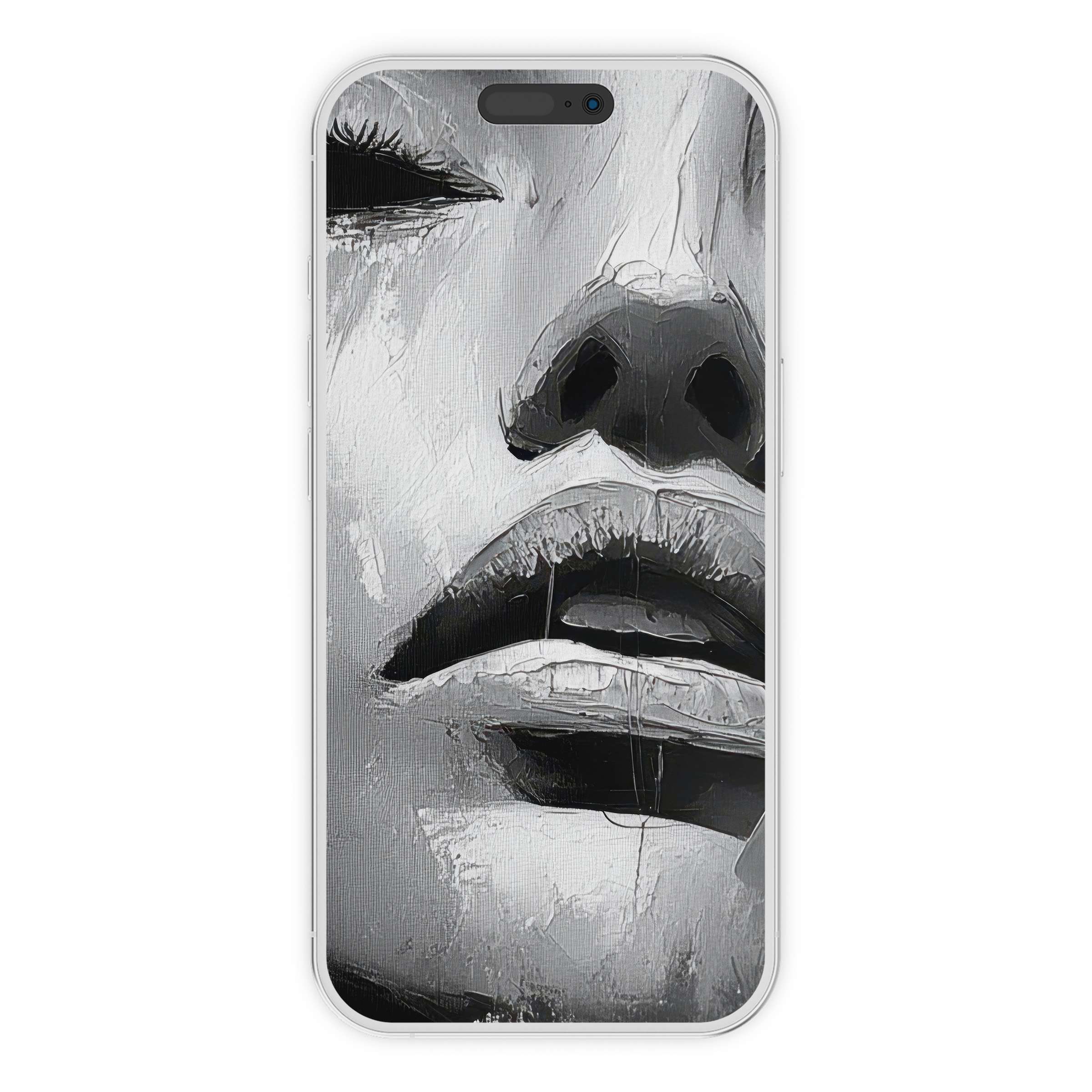 Elegant black and white iPhone wallpaper capturing an artistic textured portrait, ideal phone background for a digital download