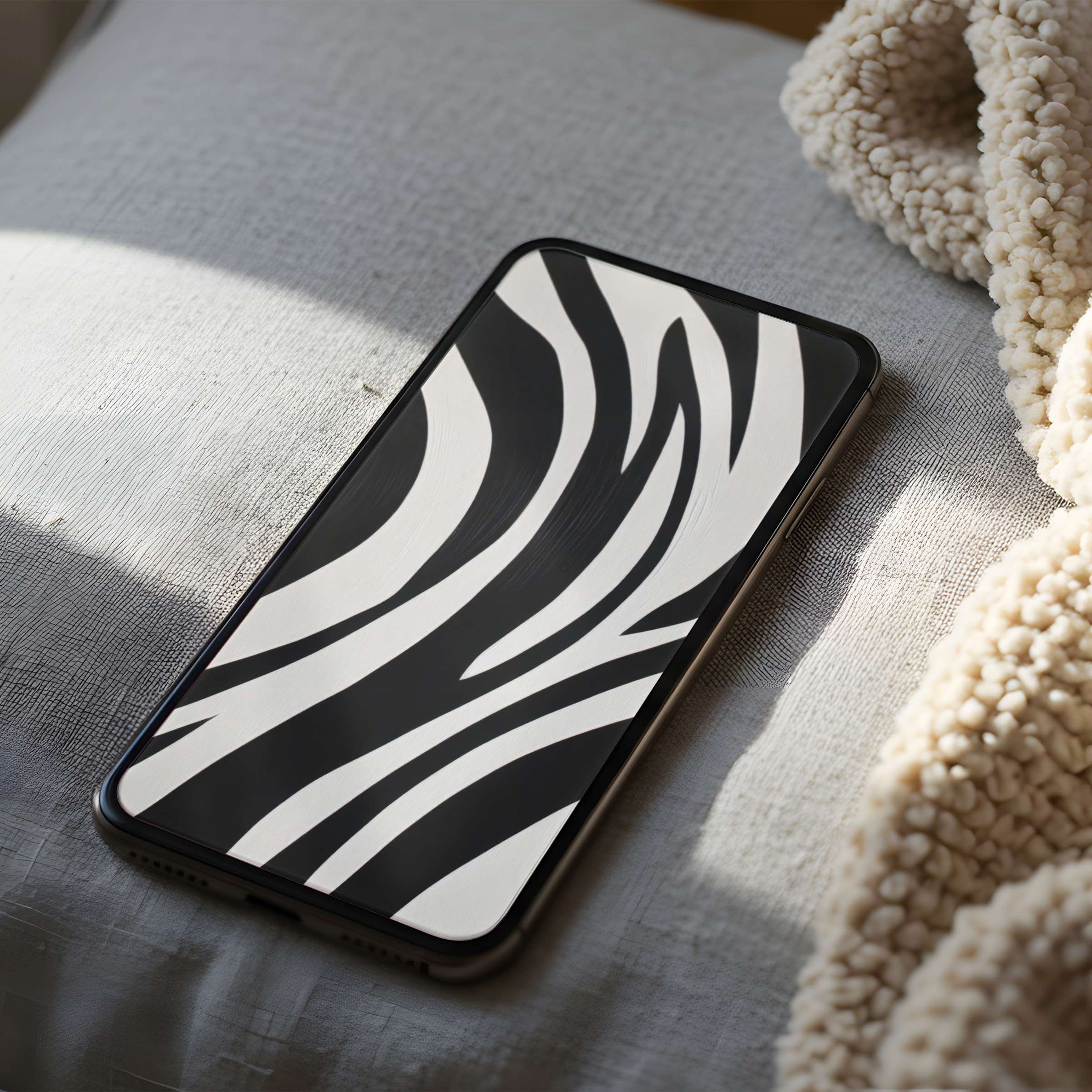 Elegant high-resolution phone wallpaper with black and white abstract zebra motif, perfect for iPhone and Android digital download