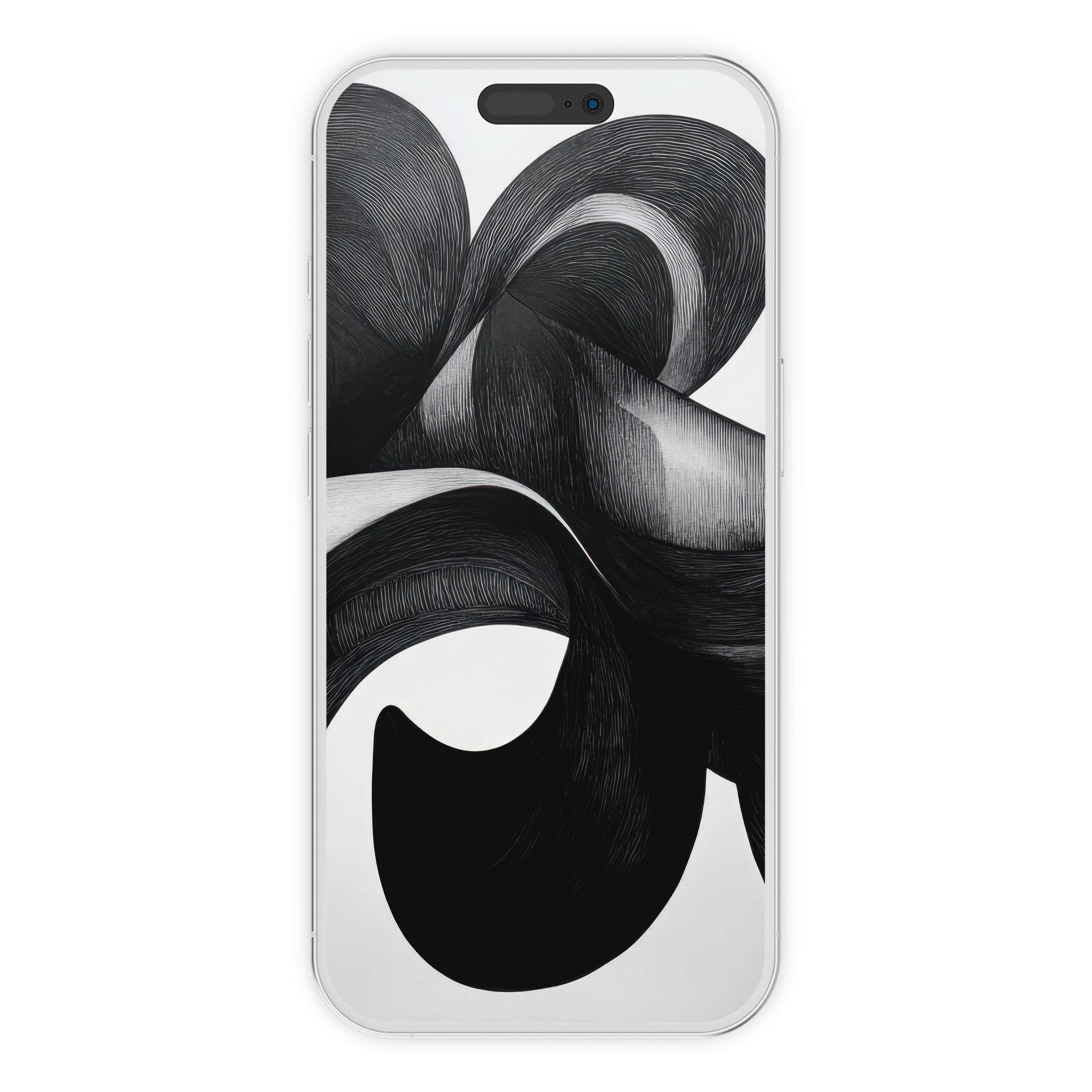 Elegant black and white iPhone wallpaper featuring fluid abstract swirls for a serene phone background digital download suitable for Android