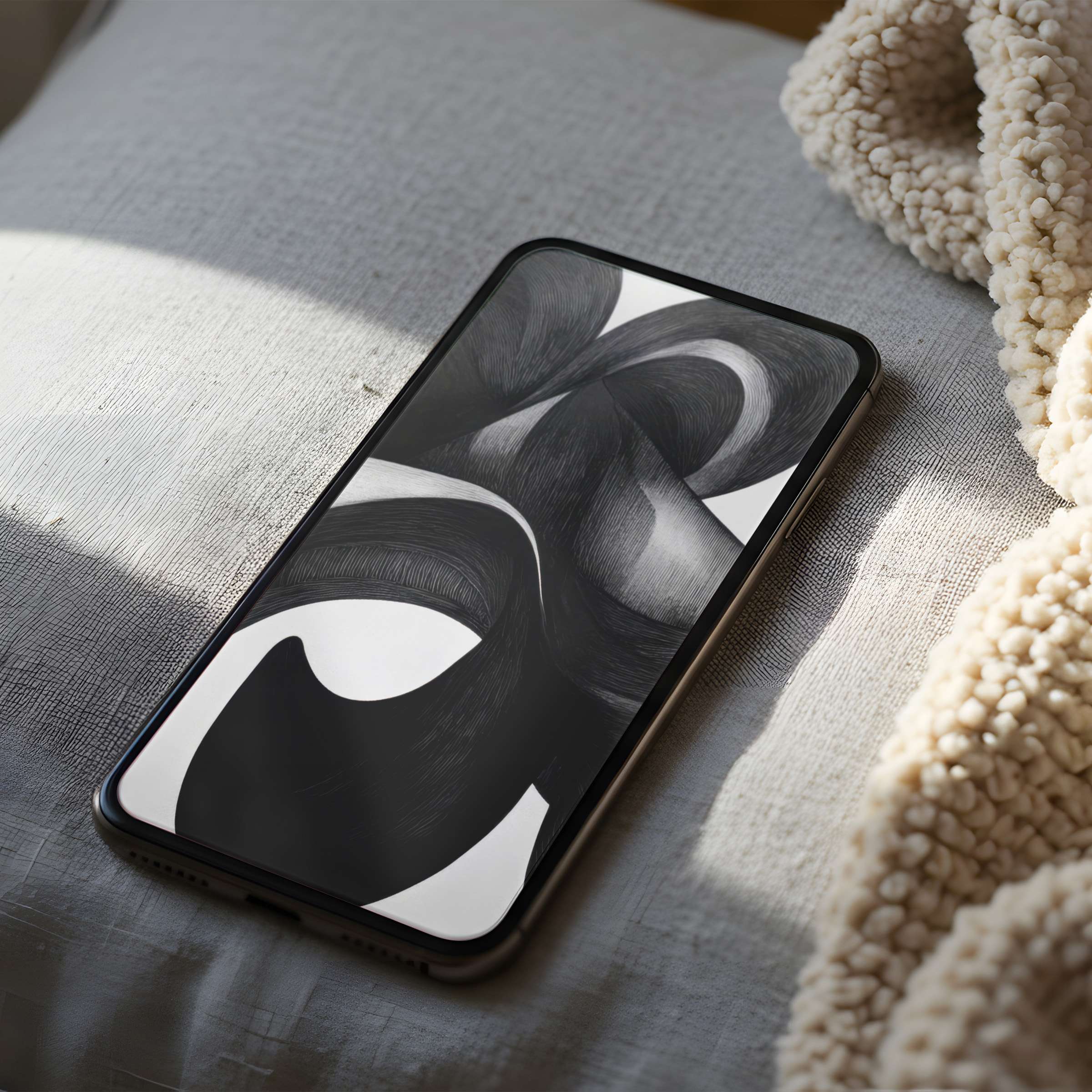 Elegant black and white abstract phone wallpaper with flowing curves complements a serene setting, perfect for high resolution digital download
