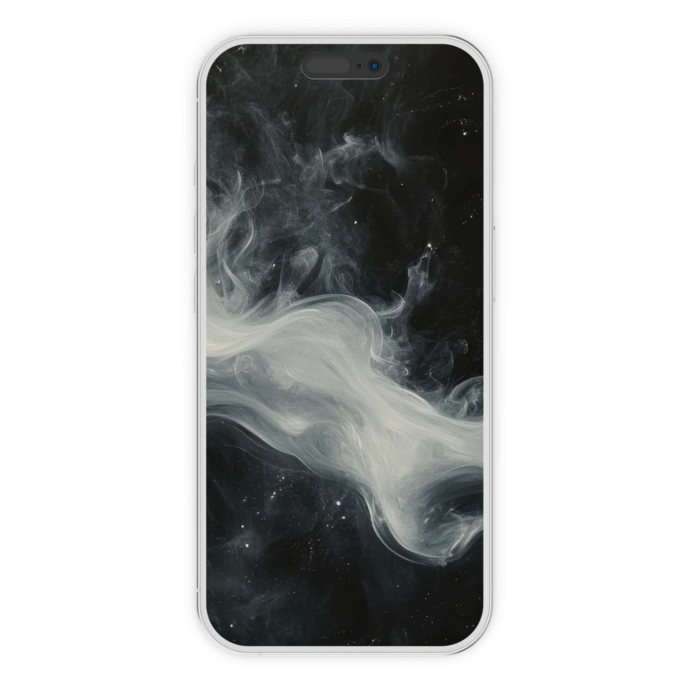 Mystical black and white iPhone wallpaper featuring ethereal swirls for calming phone background digital download suitable for all devices